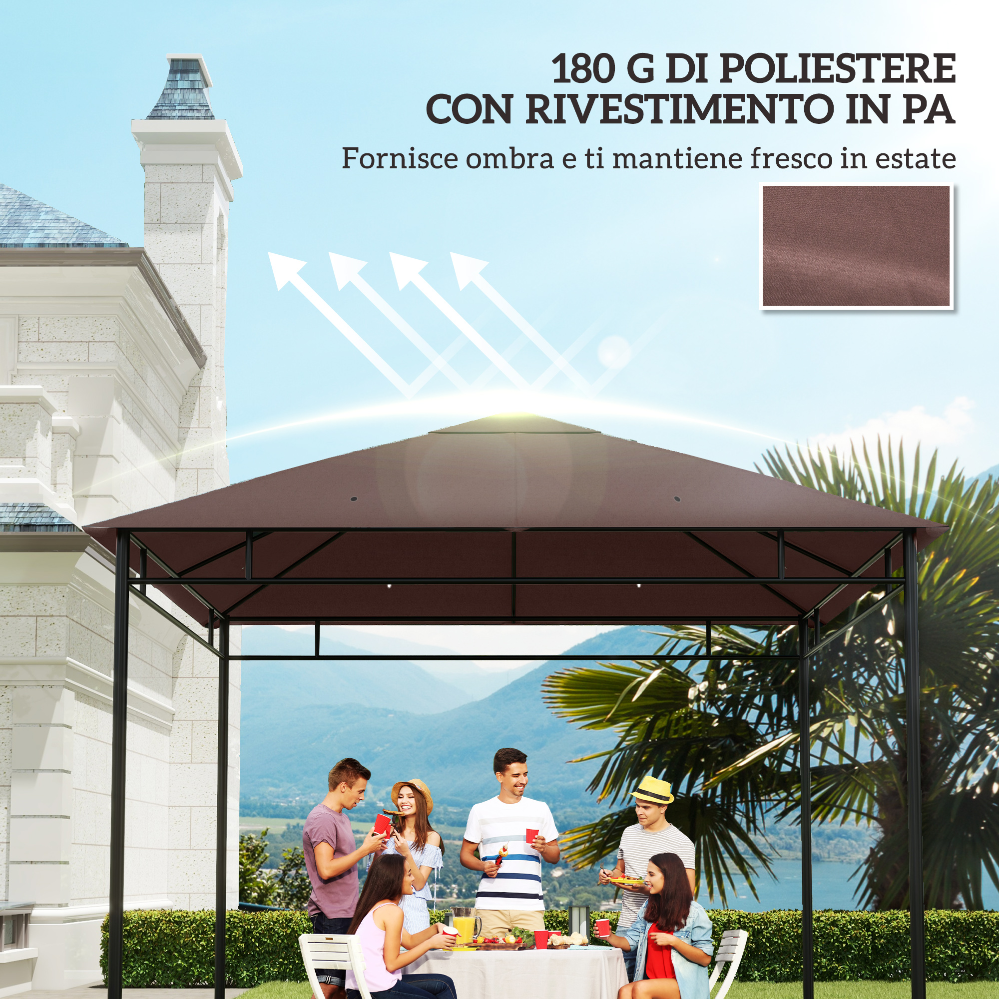 Un gruppo di persone si gode un picnic all'aperto sotto un gazebo marrone.