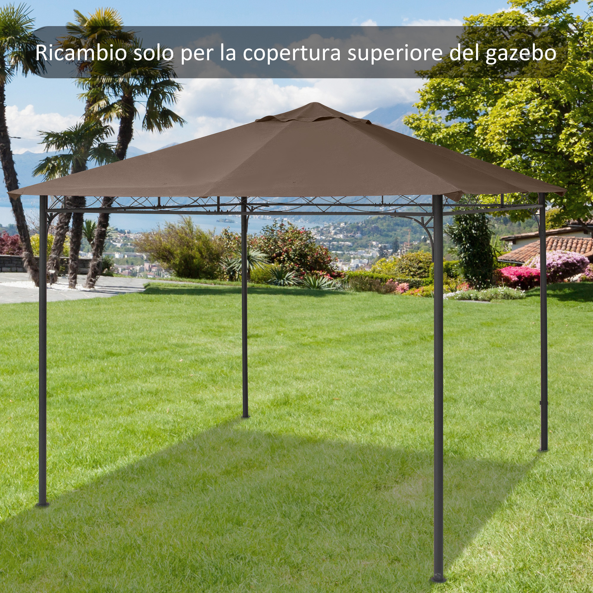 Un tetto per gazebo marrone con struttura in metallo su prato.