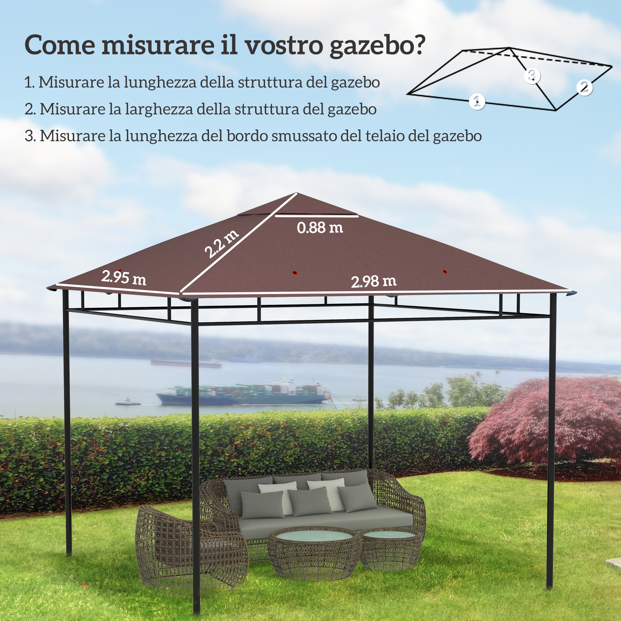 Un gazebo marrone con sedute in giardino, con misure indicate.