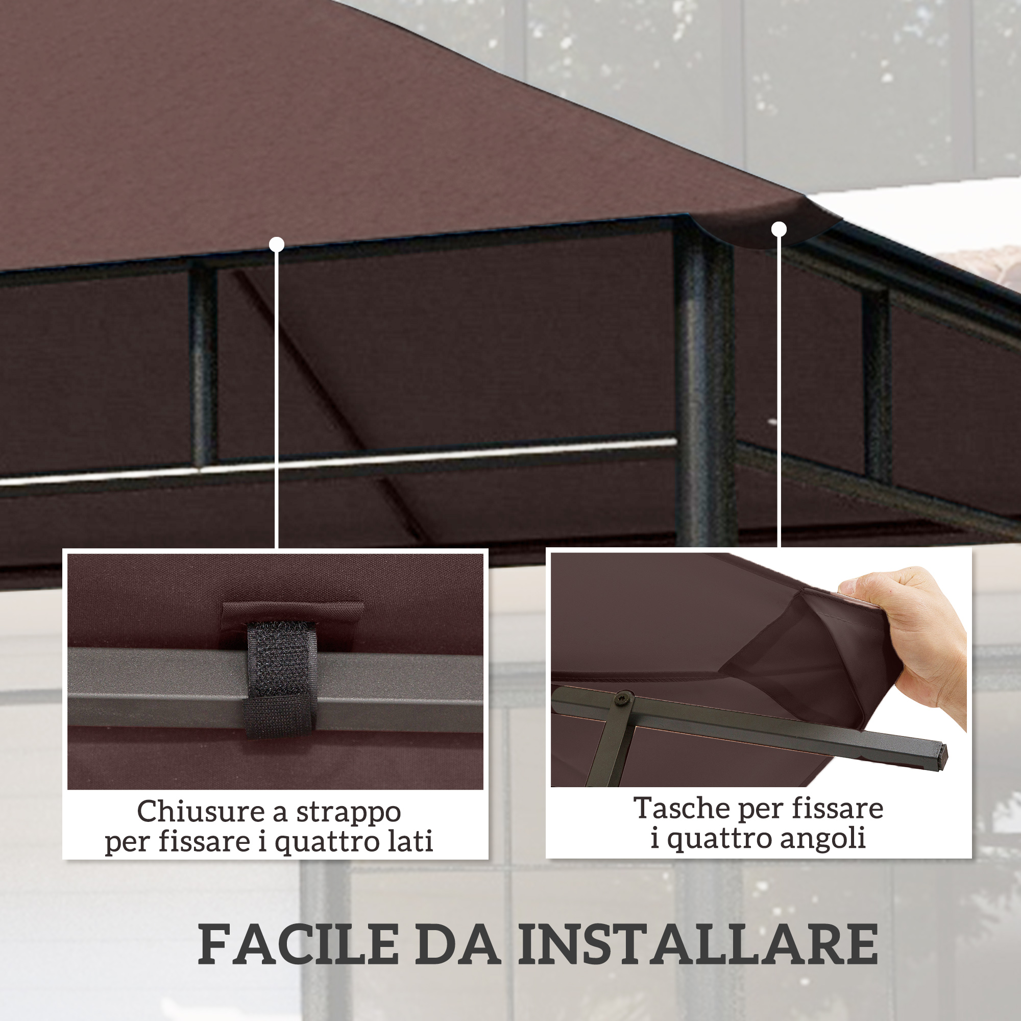 Tenda marrone con cinghie velcro e tasche angolari per fissaggio.