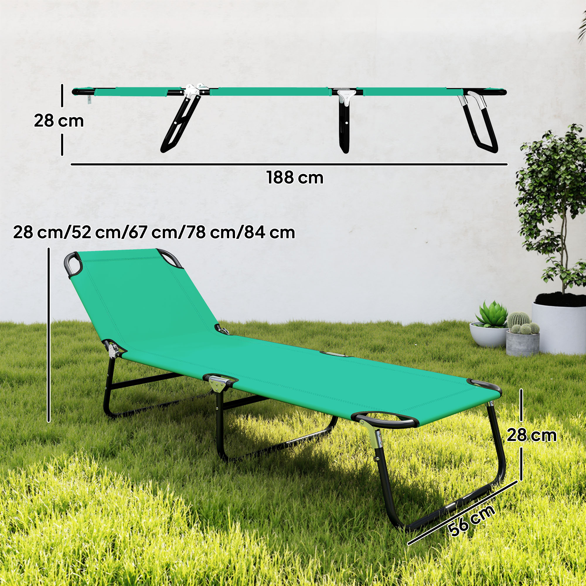 Una sdraio verde con gambe nere sull'erba, con dimensioni.