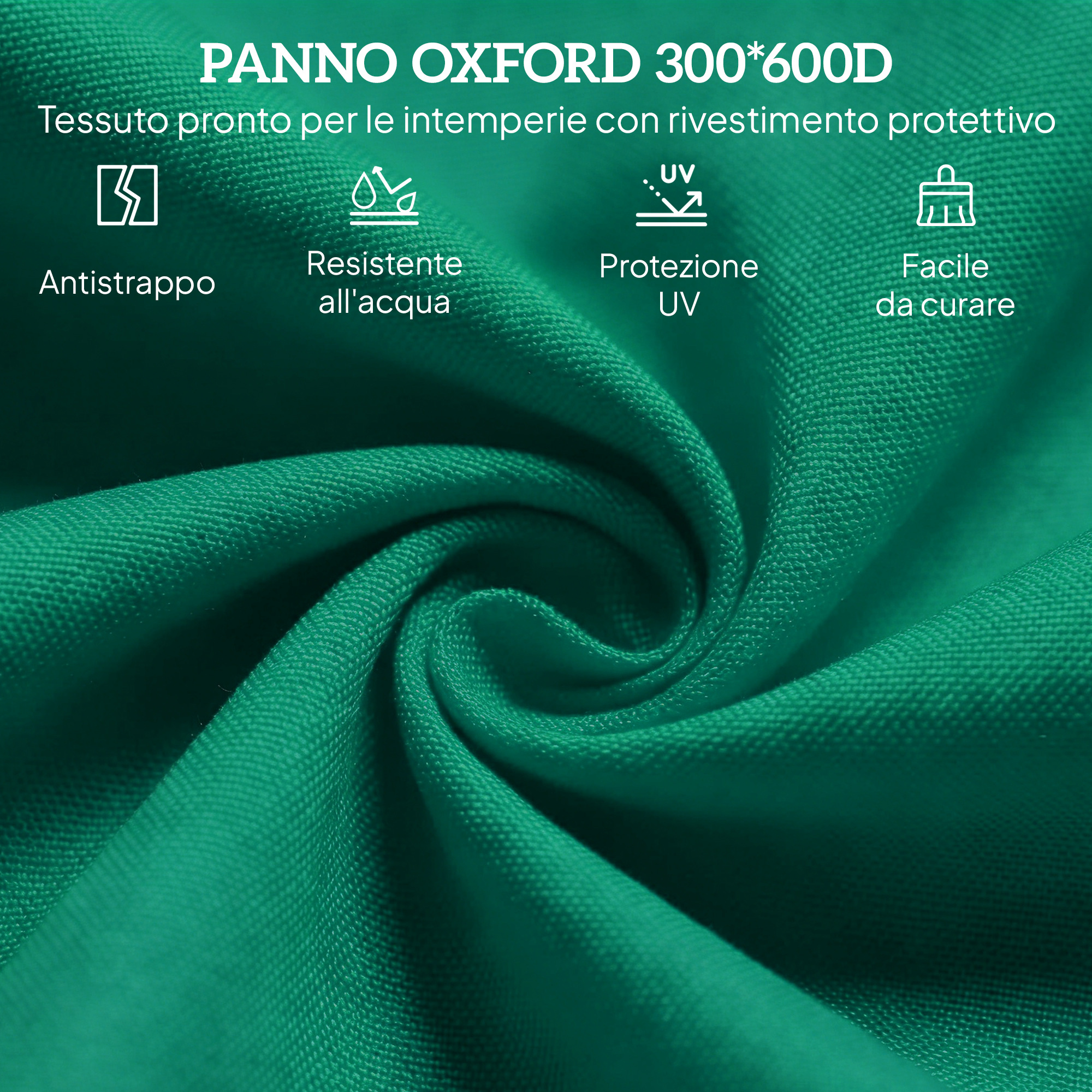 Tessuto Oxford verde con icone di resistenza al strappo, all'acqua, protezione UV e facilità di cura.