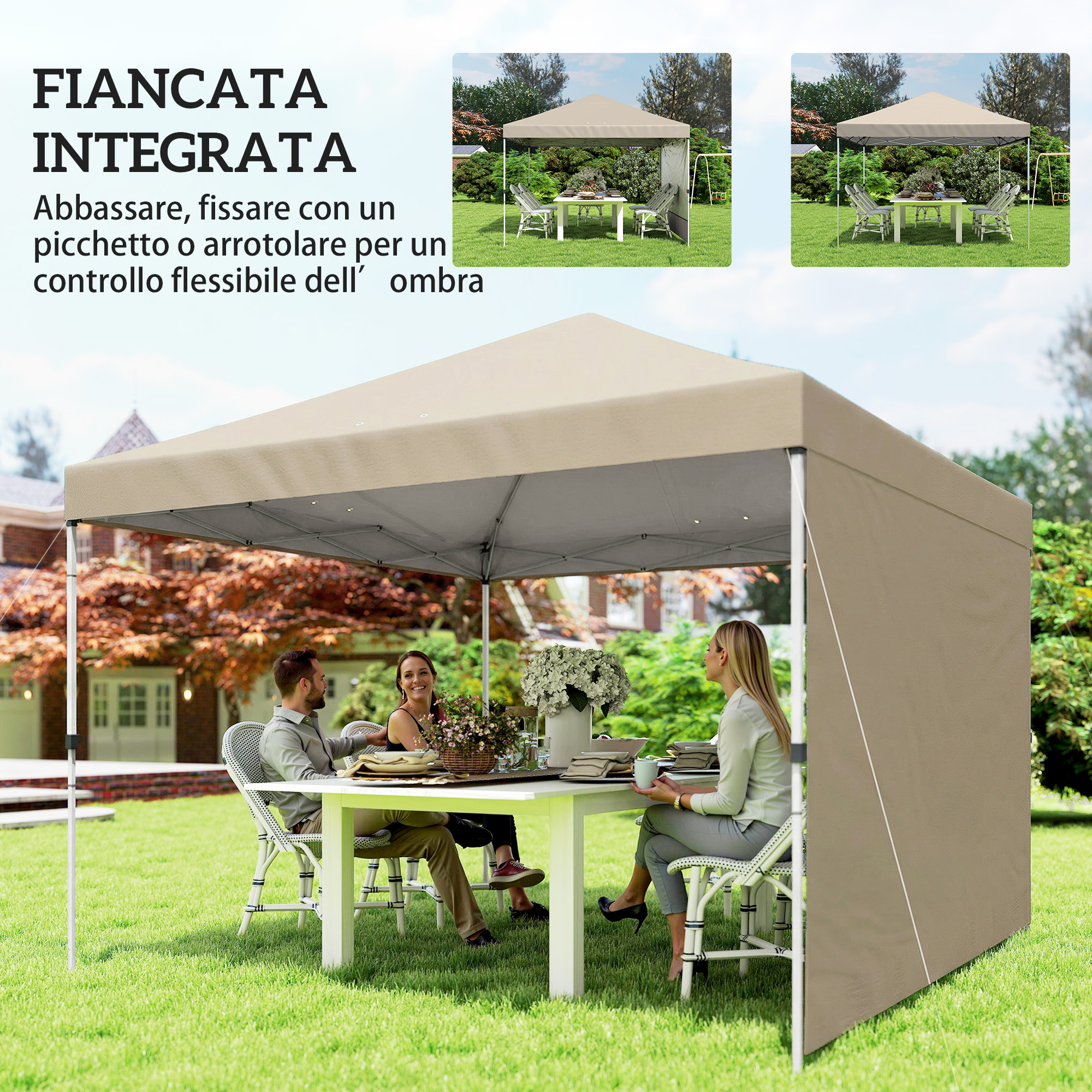 Una famiglia siede a tavola sotto un gazebo da giardino.