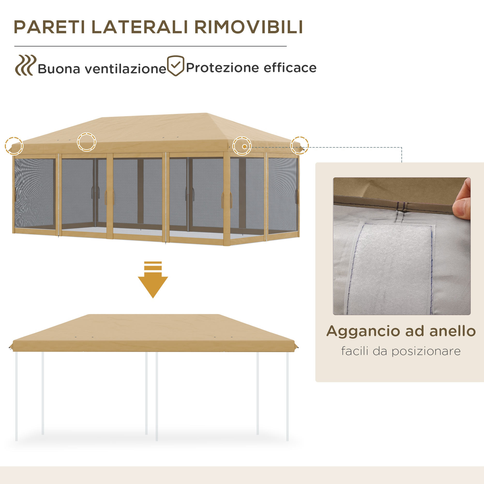 Un gazebo con pareti laterali rimovibili e sistema di aggancio ad anello.