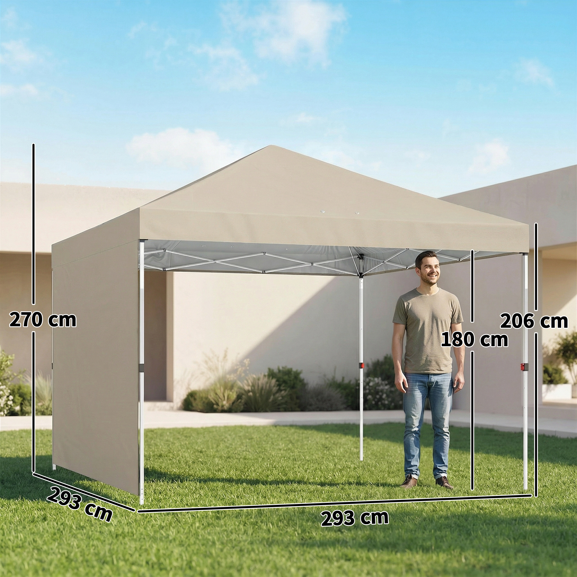 Un uomo sotto un gazebo color cachi di 293x293x270 cm.
