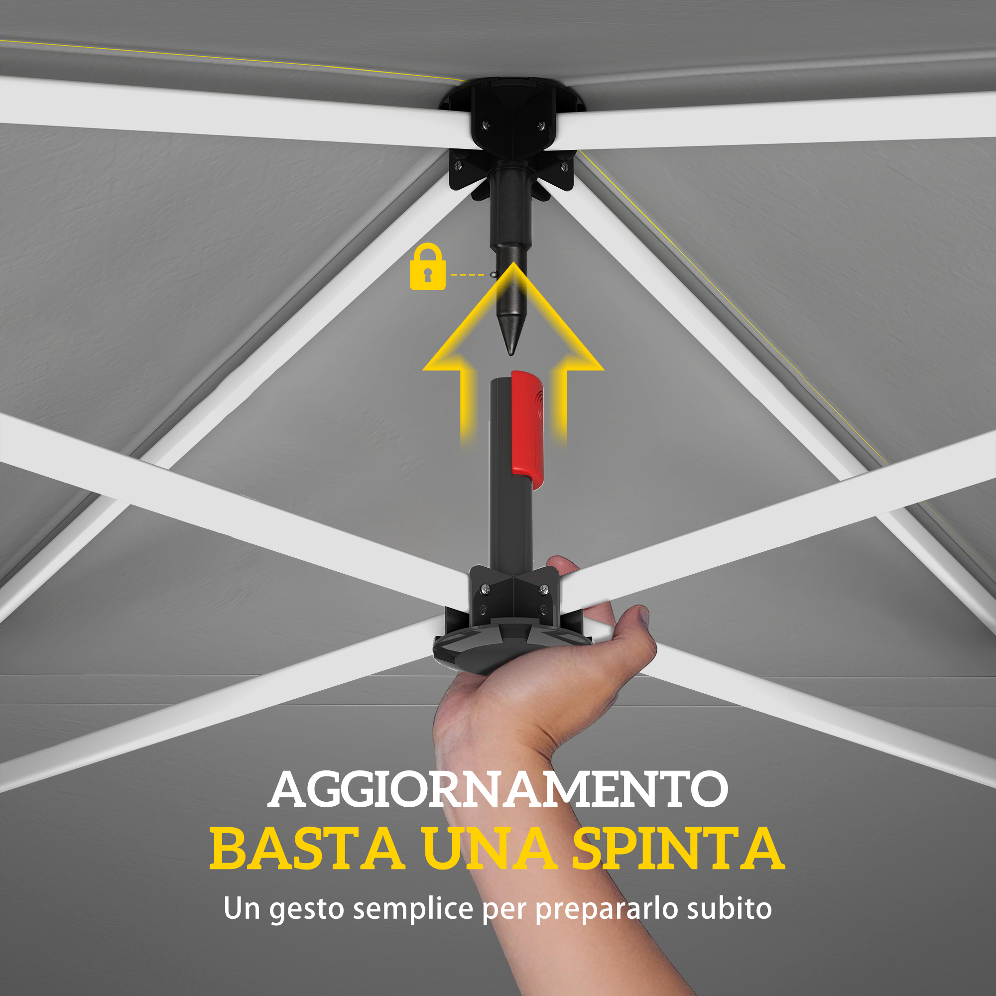 Mano preme pulsante rosso per montare tenda. Frecce gialle puntano verso l'alto.