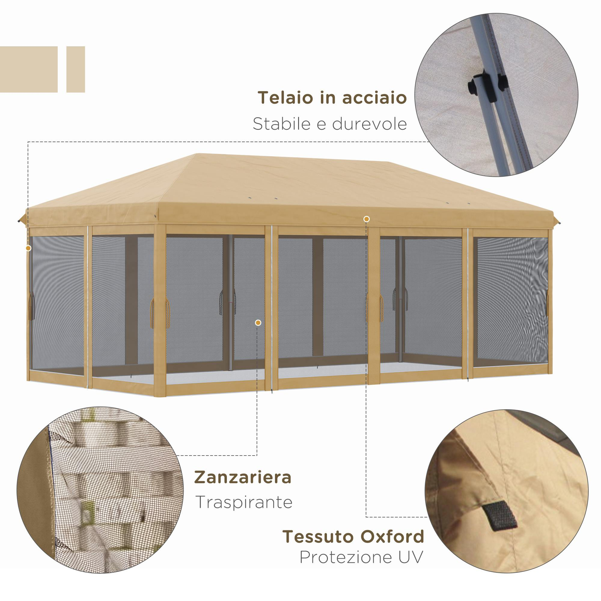 Un gazebo color tortora con lati zanzariera e telaio in acciaio.