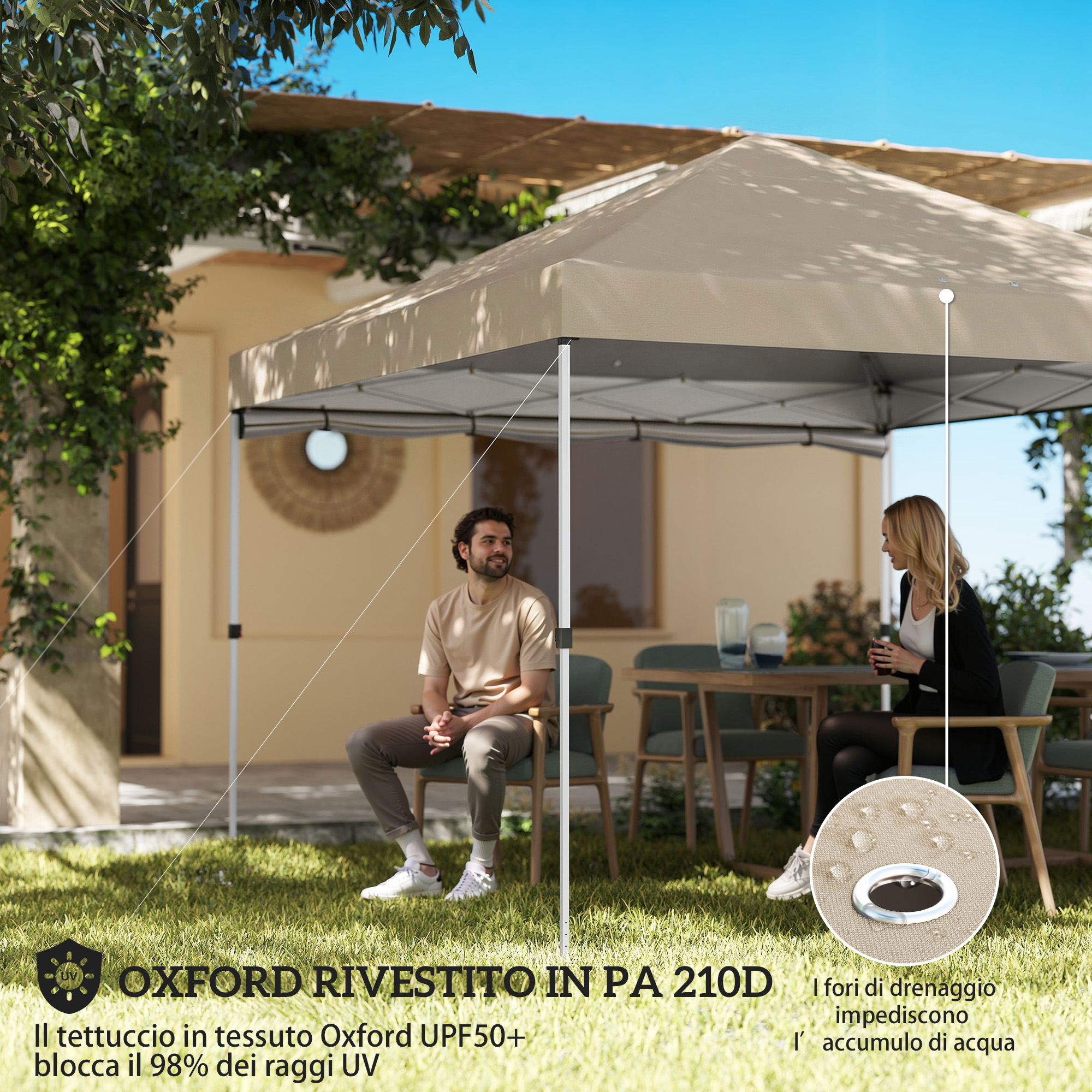 Due persone siedono sotto un gazebo beige in giardino. Il tessuto è idrorepellente e blocca UV.