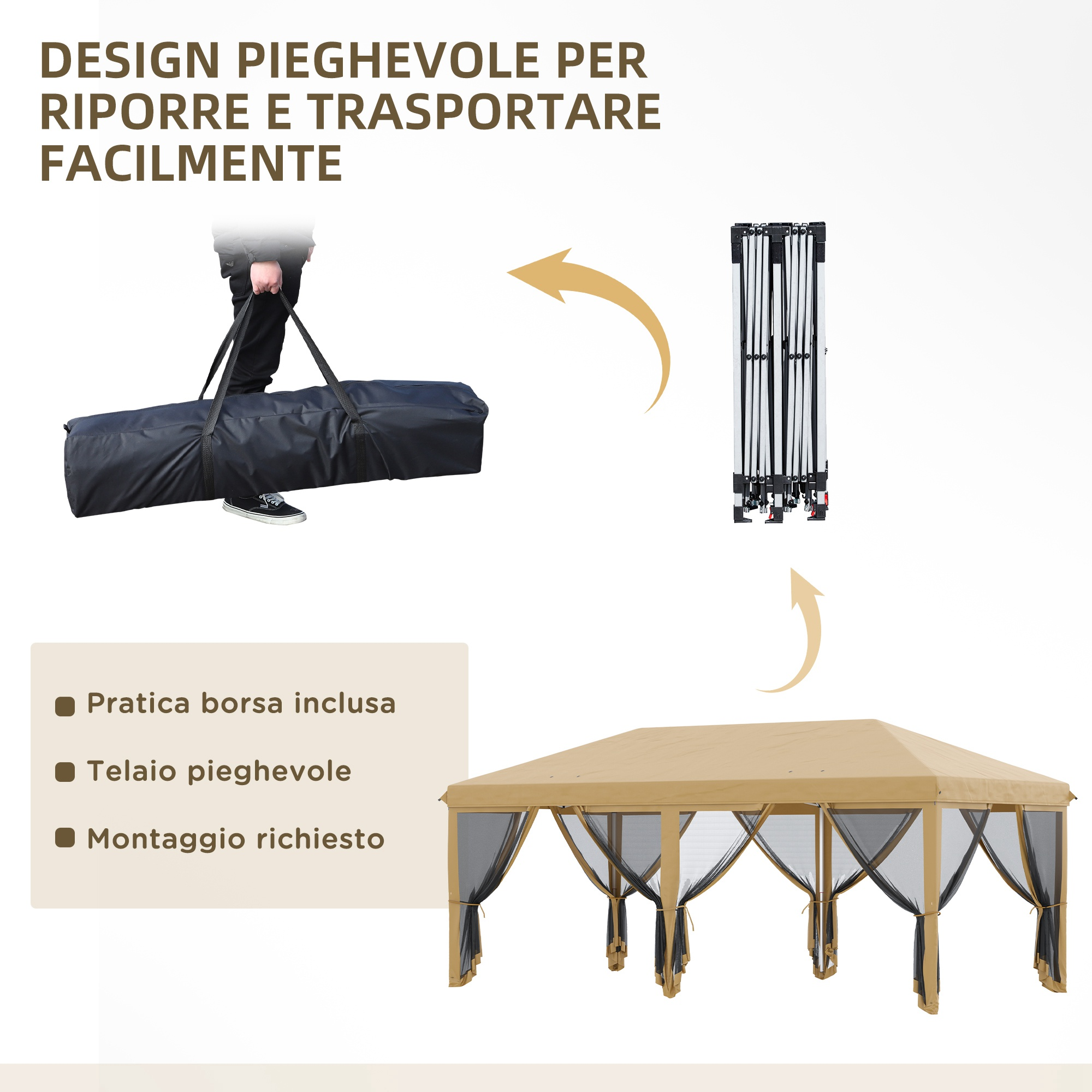 Un uomo porta una borsa nera. Accanto, un telaio di tenda piegato e una tenda montata.