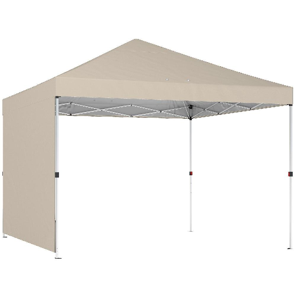 Viene mostrata una tenda pop-up color cachi con gambe bianche e struttura argentata.