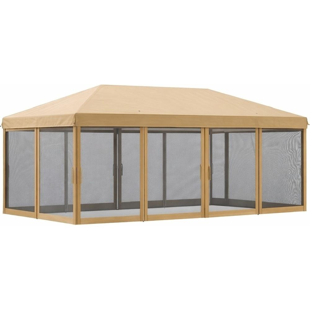 Un gazebo rettangolare con tetto color cachi e telaio marrone.