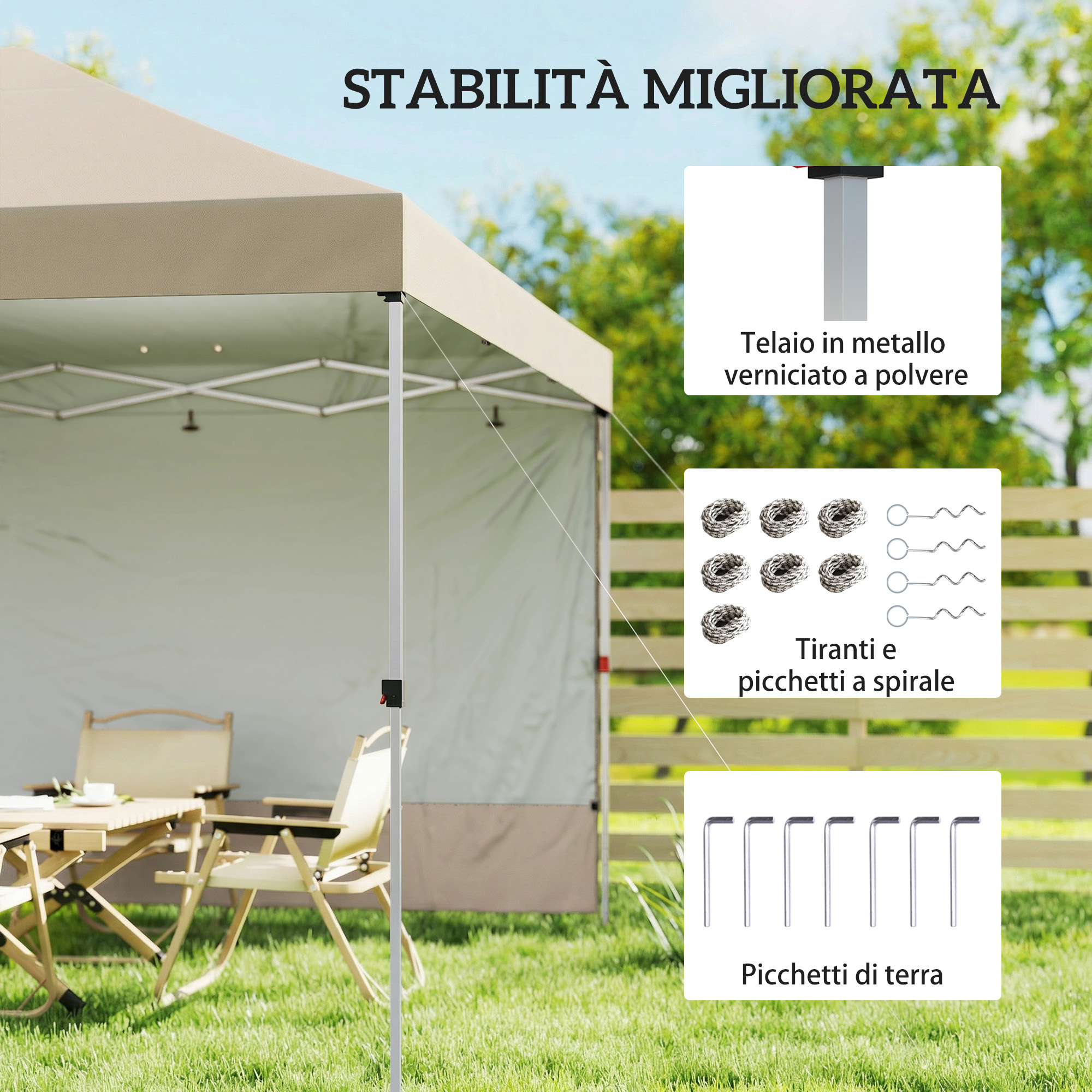 Una tenda beige con telaio in metallo e accessori all'aperto.