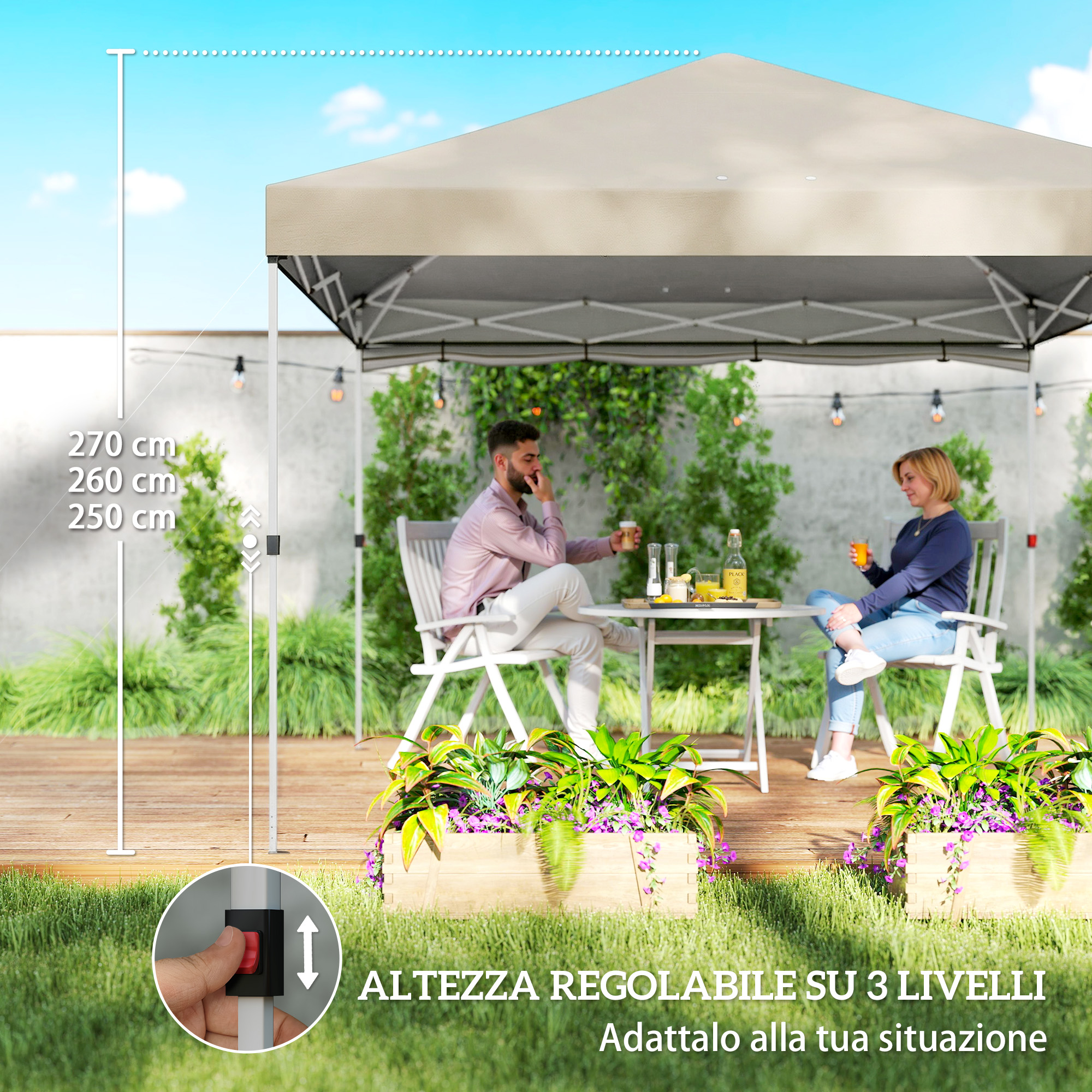 Un uomo e una donna seduti a un tavolo sotto un gazebo. Altezza regolabile 3 livelli.