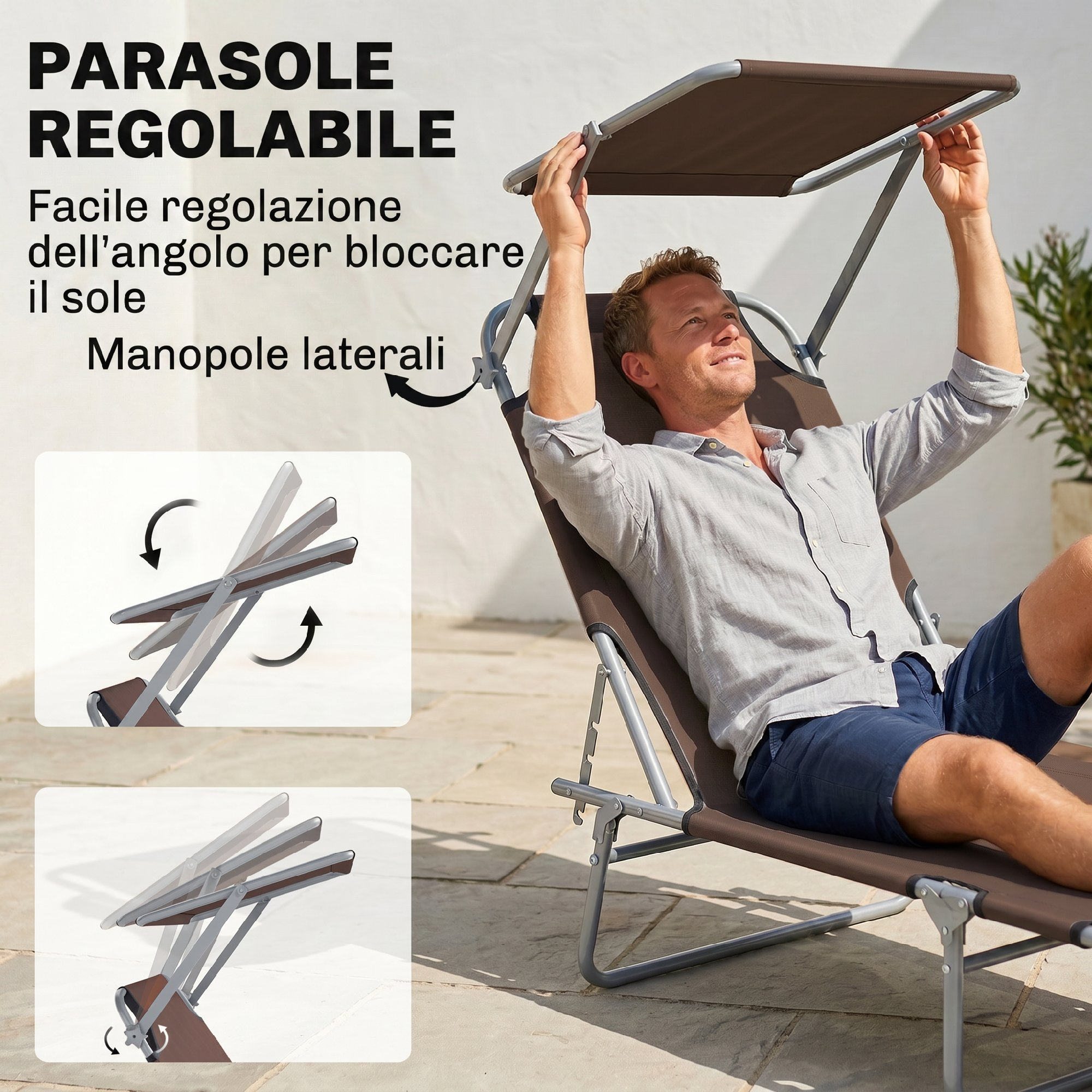 Uomo su lettino regola parasole. Dettaglio del meccanismo.
