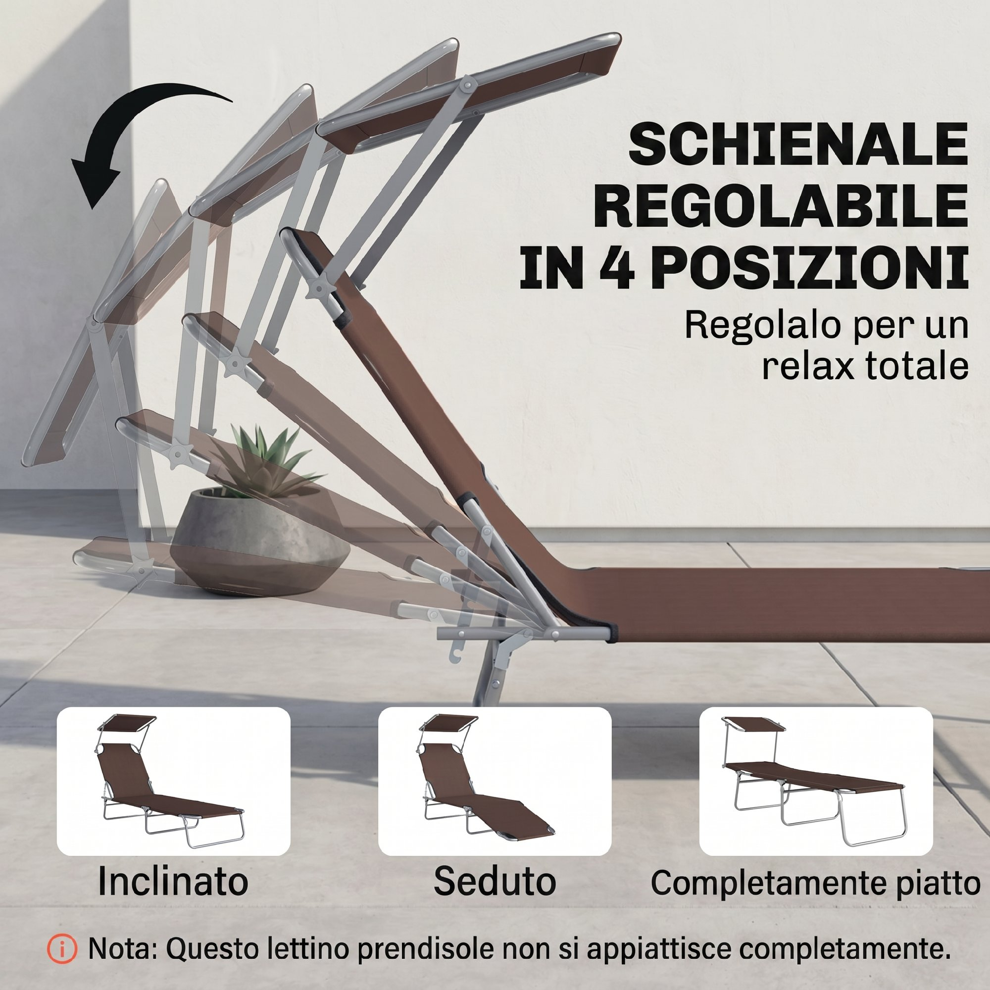 Schienale regolabile in 4 posizioni per relax totale.