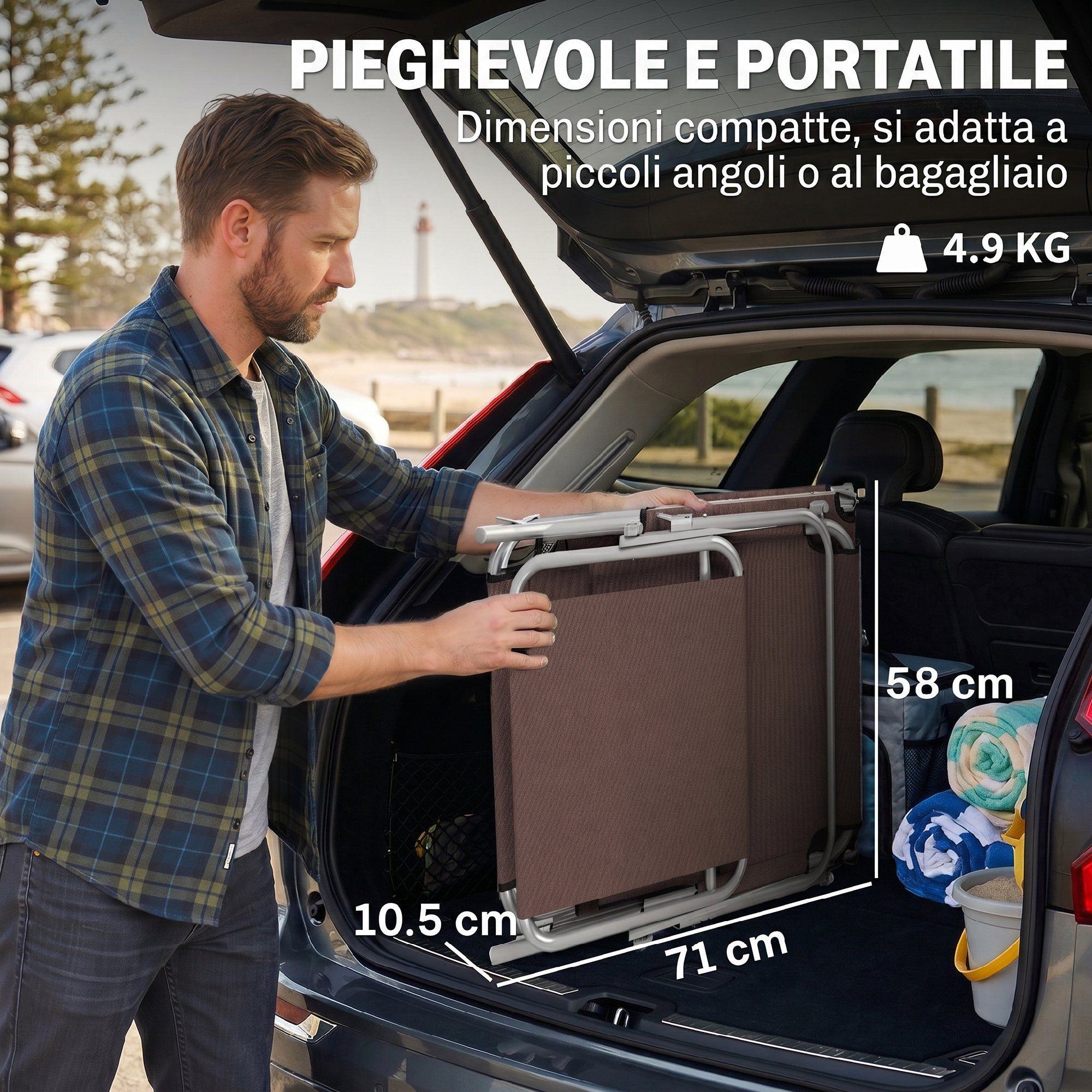 Uomo carica sedia pieghevole marrone in auto. Dimensioni 71x58x10,5cm.