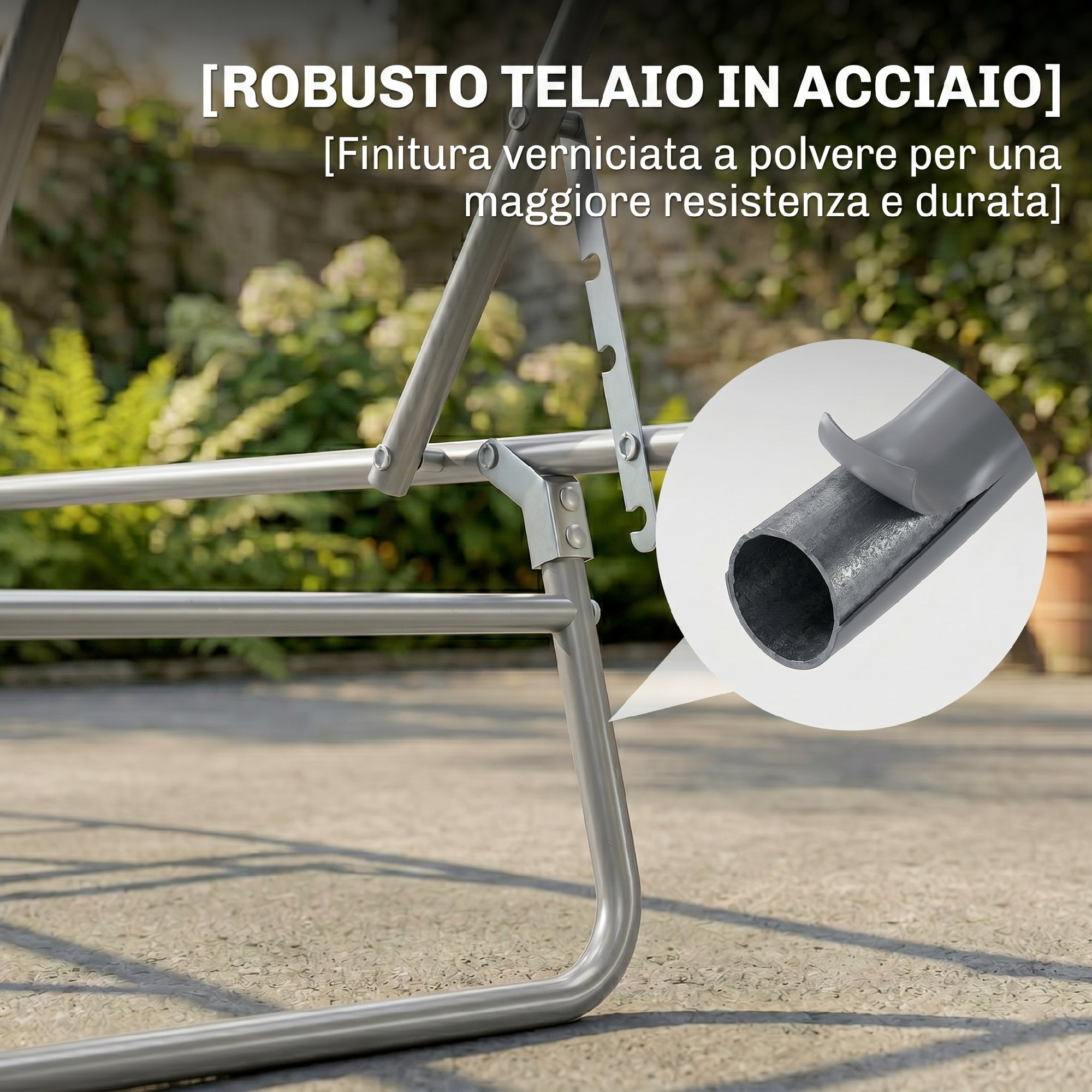 Telaio in acciaio con verniciatura a polvere, primo piano di un tubo.
