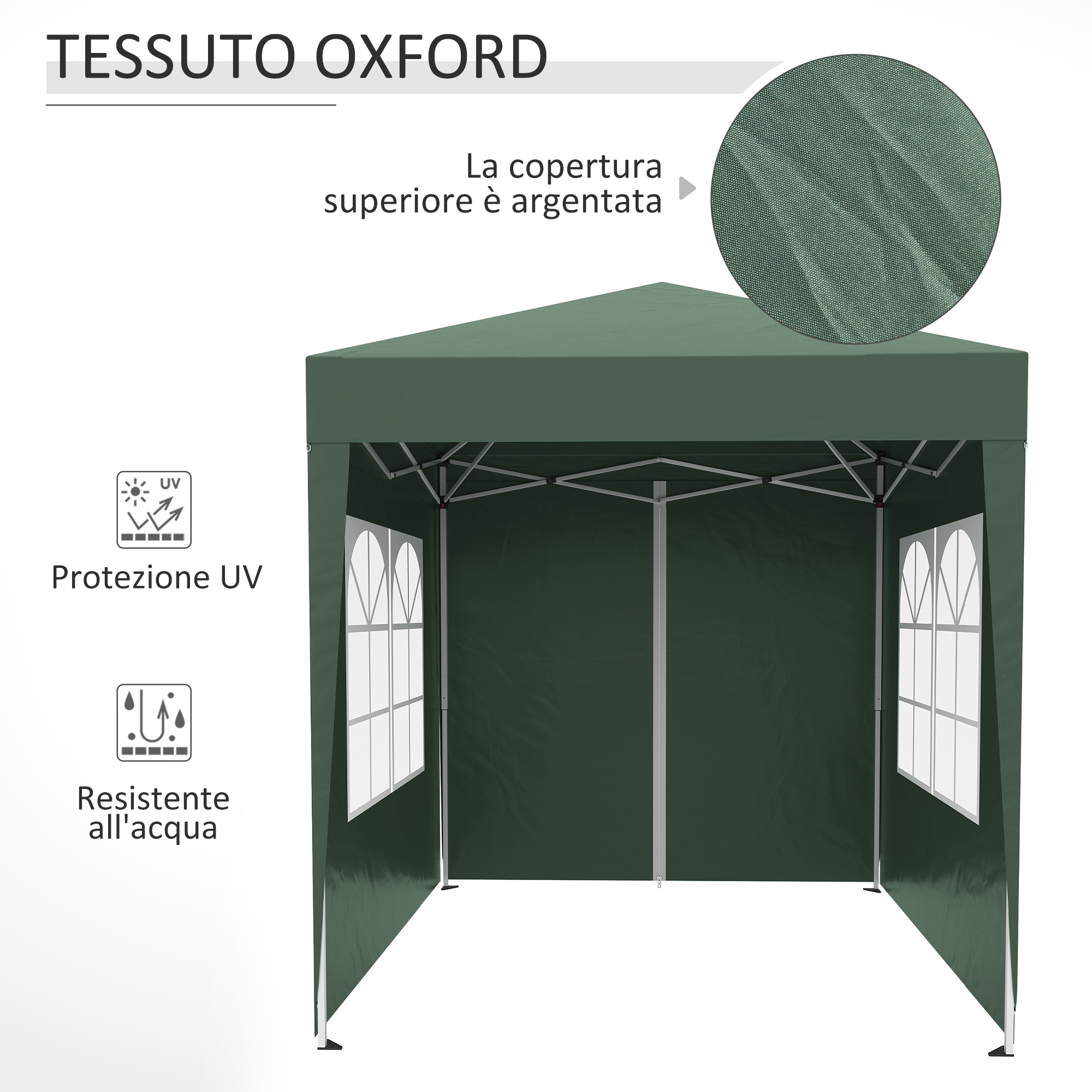 Un gazebo verde scuro con pali argentati e finestre. Resistente ai raggi UV e all'acqua.