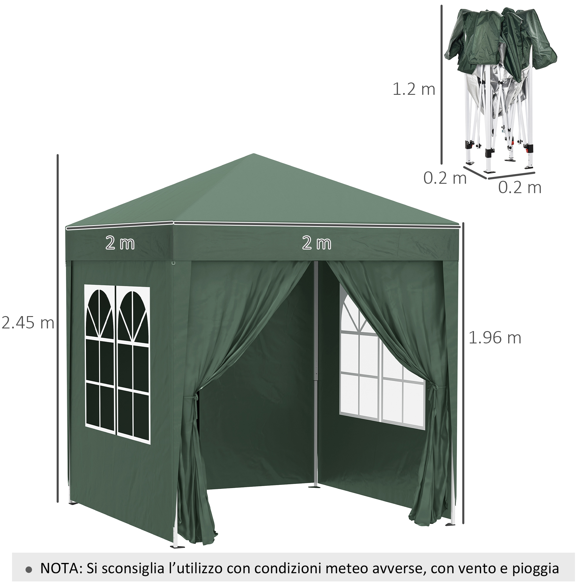 Struttura gazebo verde con finestre e dimensioni. Una tenda piegata è accanto.