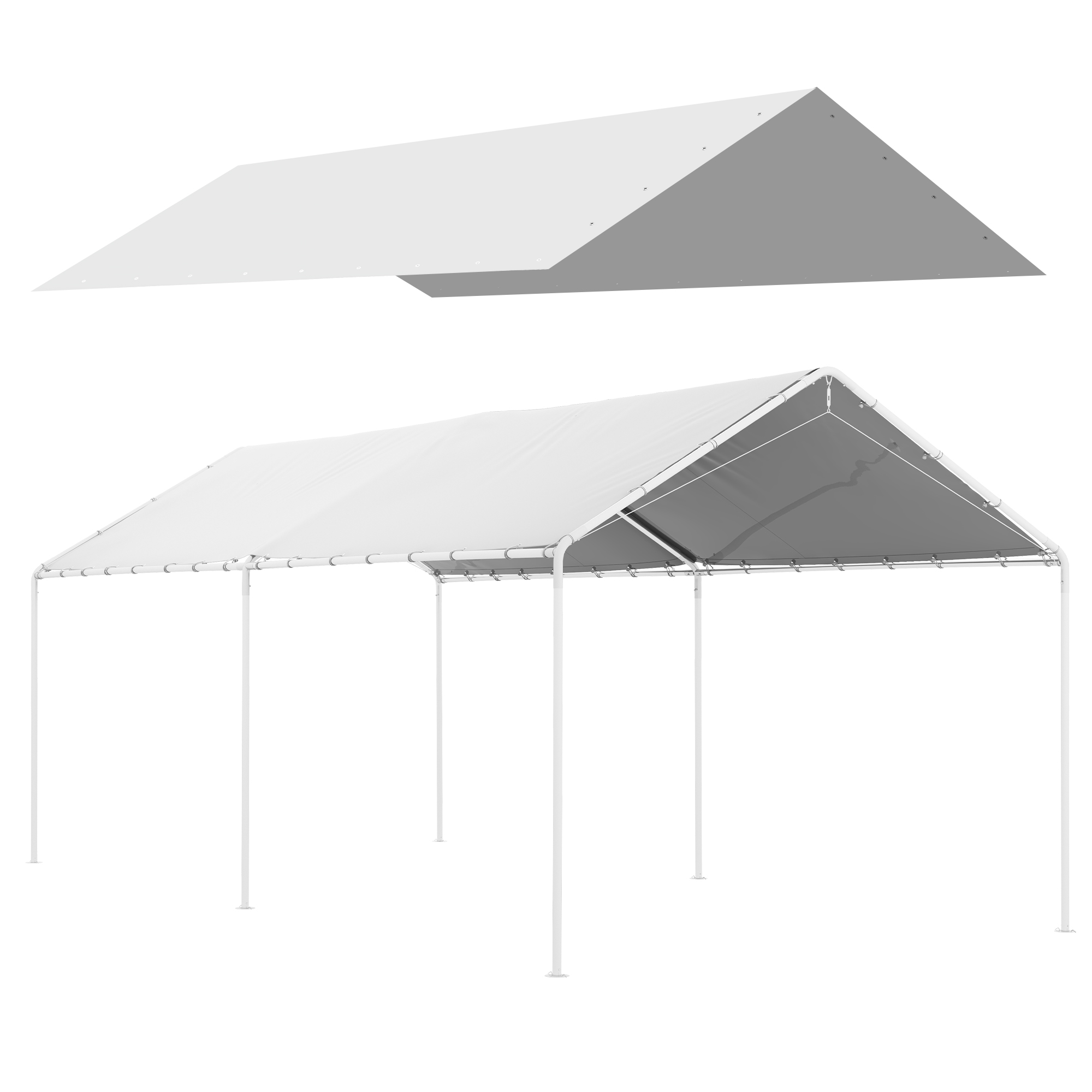 Una copertura per tenda bianca e una struttura per tenda bianca con quattro pali su sfondo bianco.