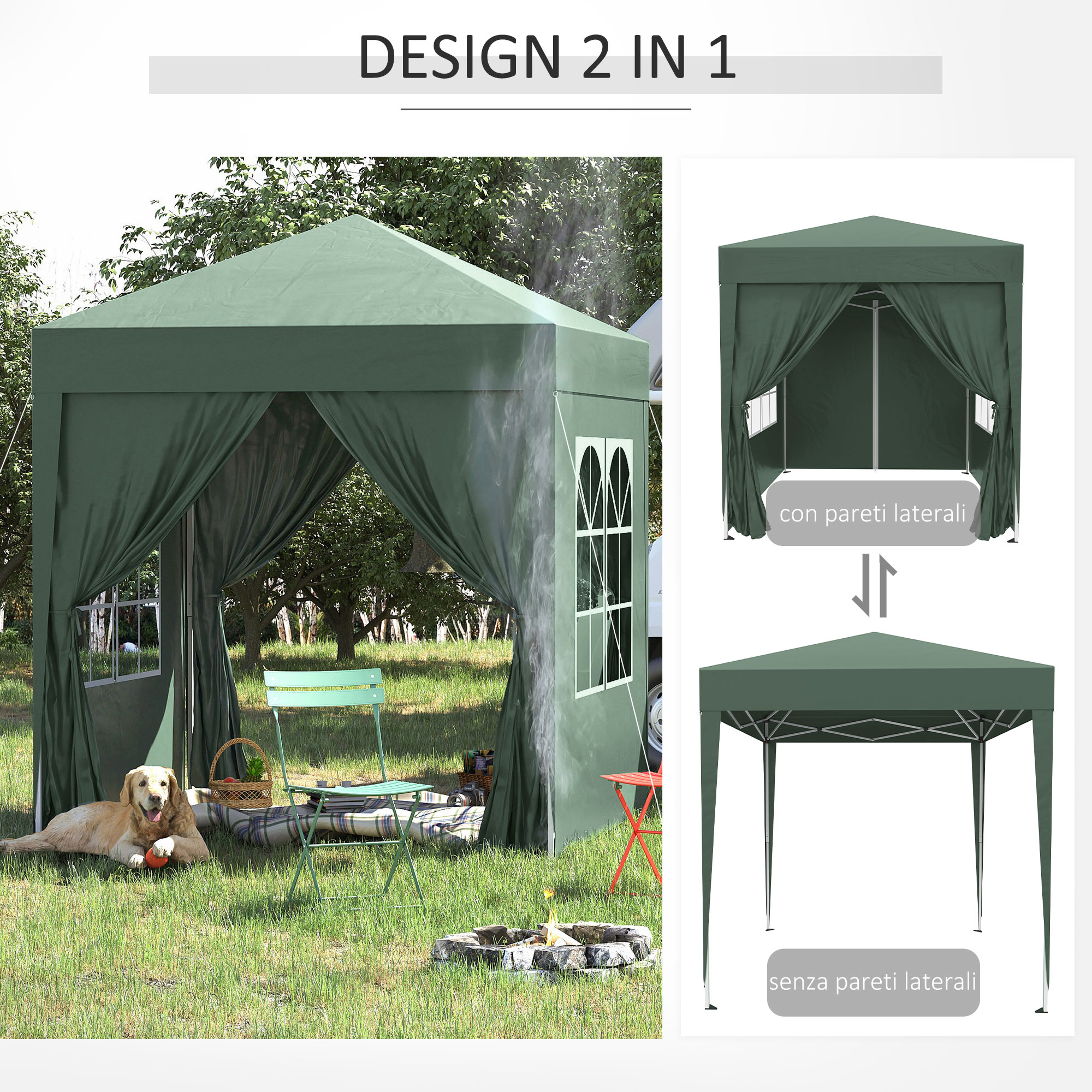 Un cane giace accanto a un gazebo verde all'aperto con un falò.