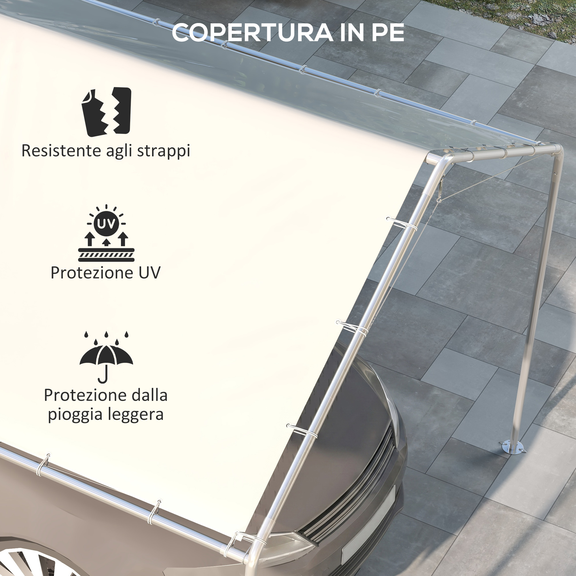 Copertura in PE resistente agli strappi, protezione UV e pioggia.