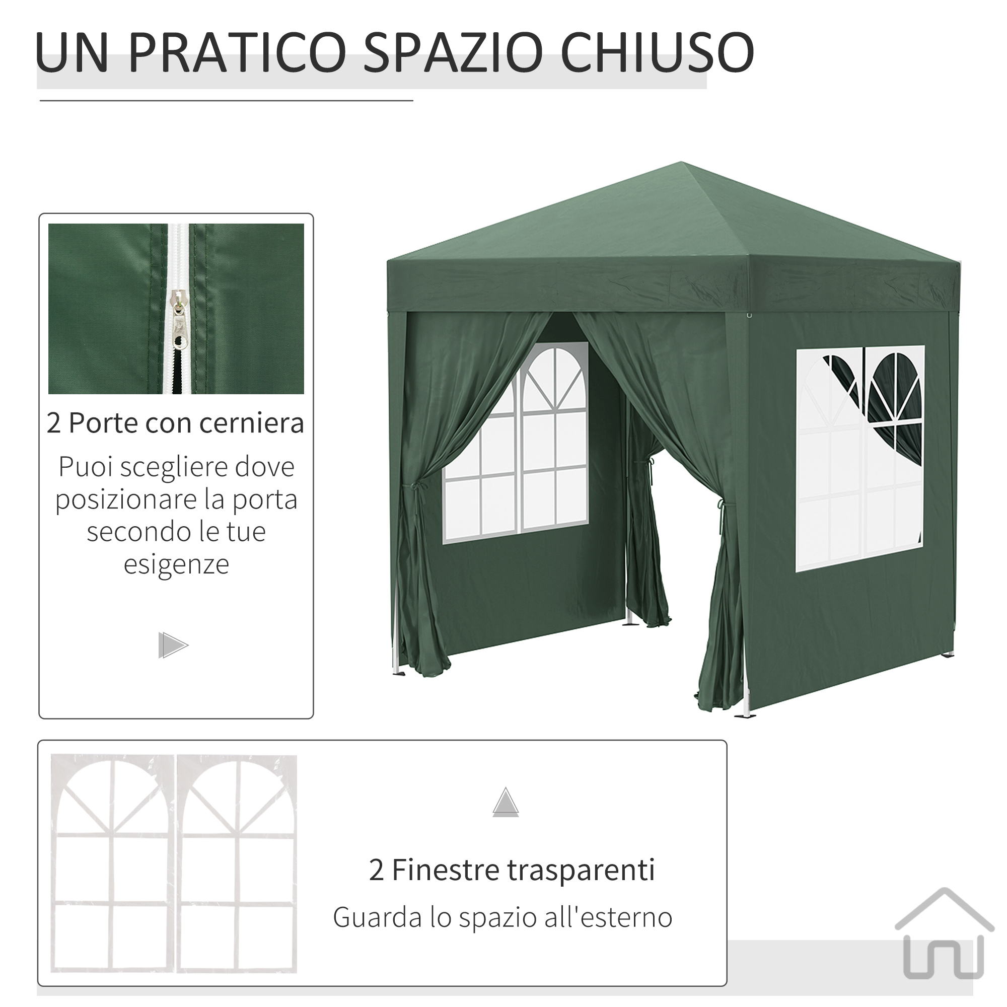 Tenda verde scuro con finestre e cerniera. Mostra dettaglio cerniera e finestre.