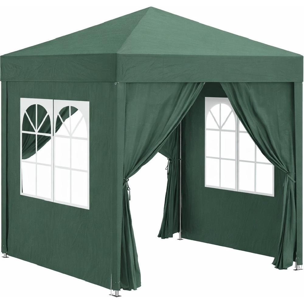 Una tenda verde con finestre bianche e lati aperti.