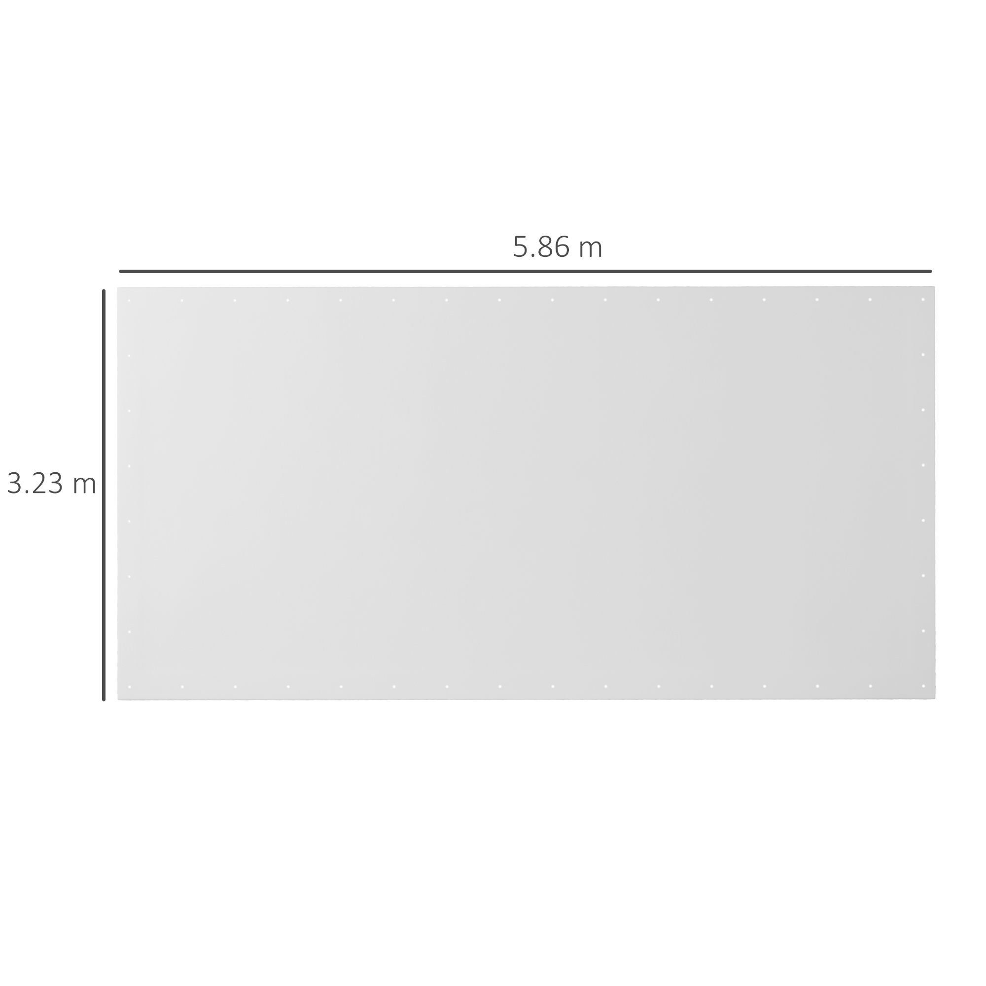 Un pannello bianco di 5,86 m x 3,23 m con piccoli fori.