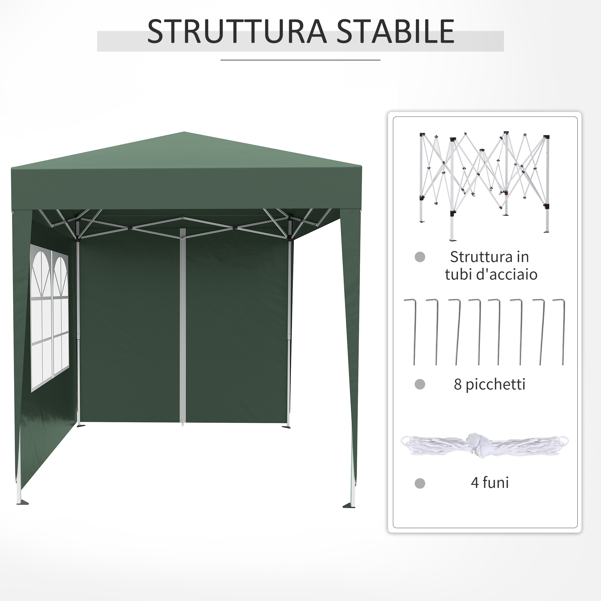 Un gazebo verde scuro con finestre e una struttura metallica aperta.