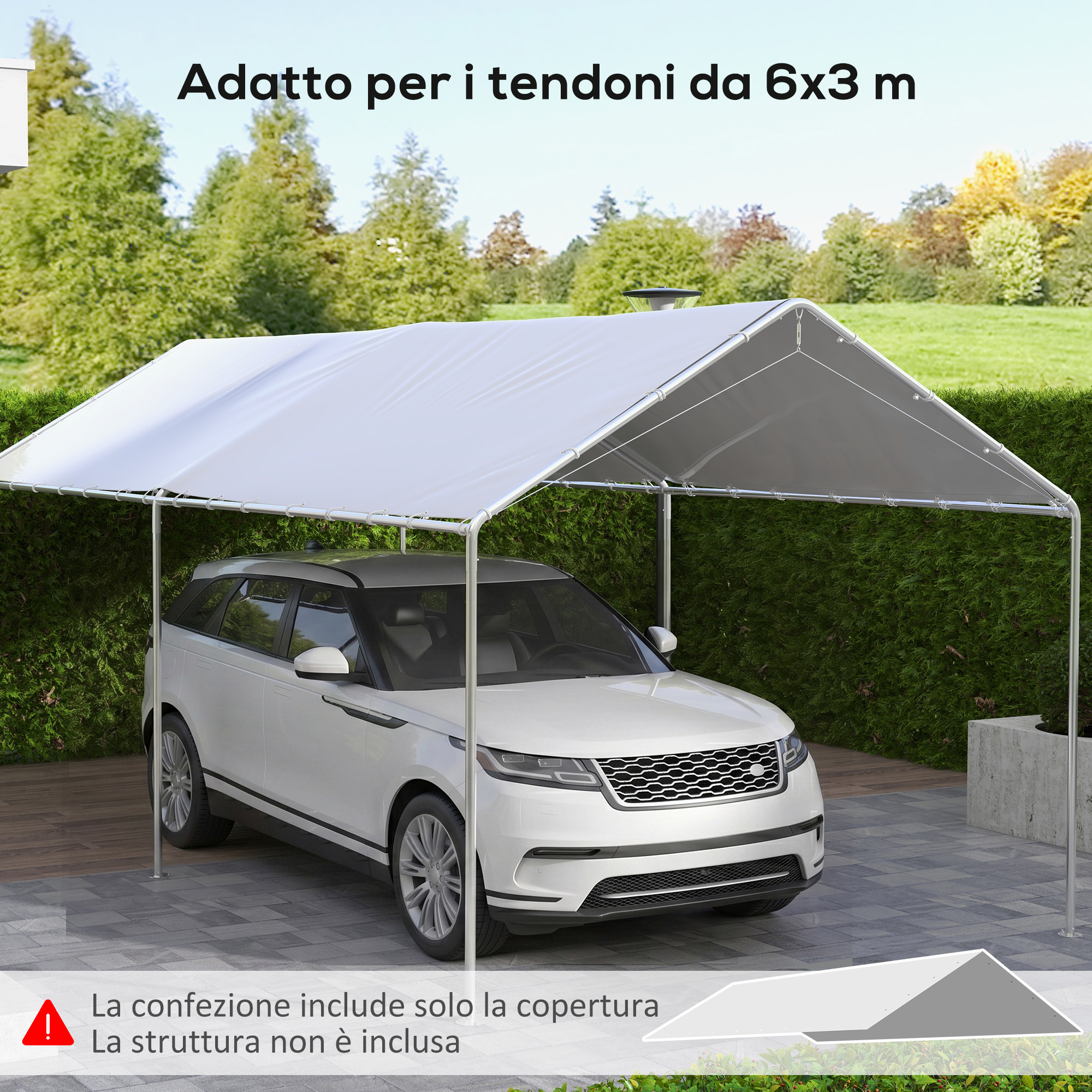 Un'auto bianca parcheggiata sotto una tenda bianca con struttura in metallo all'aperto.