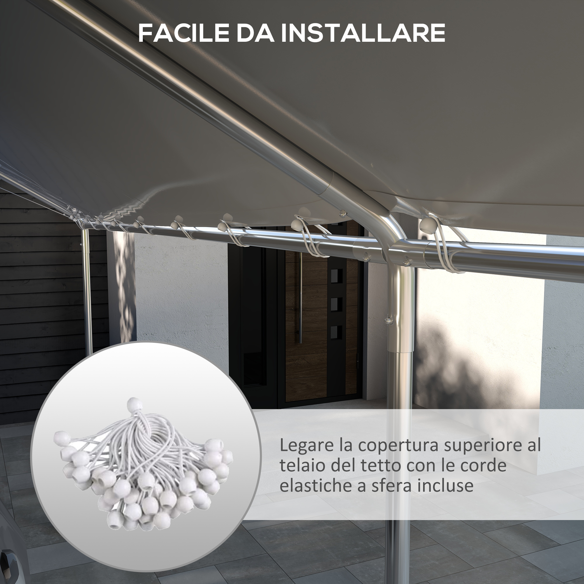 Struttura tetto grigia con corde agganciate. Dettaglio delle corde elastiche a sfera.