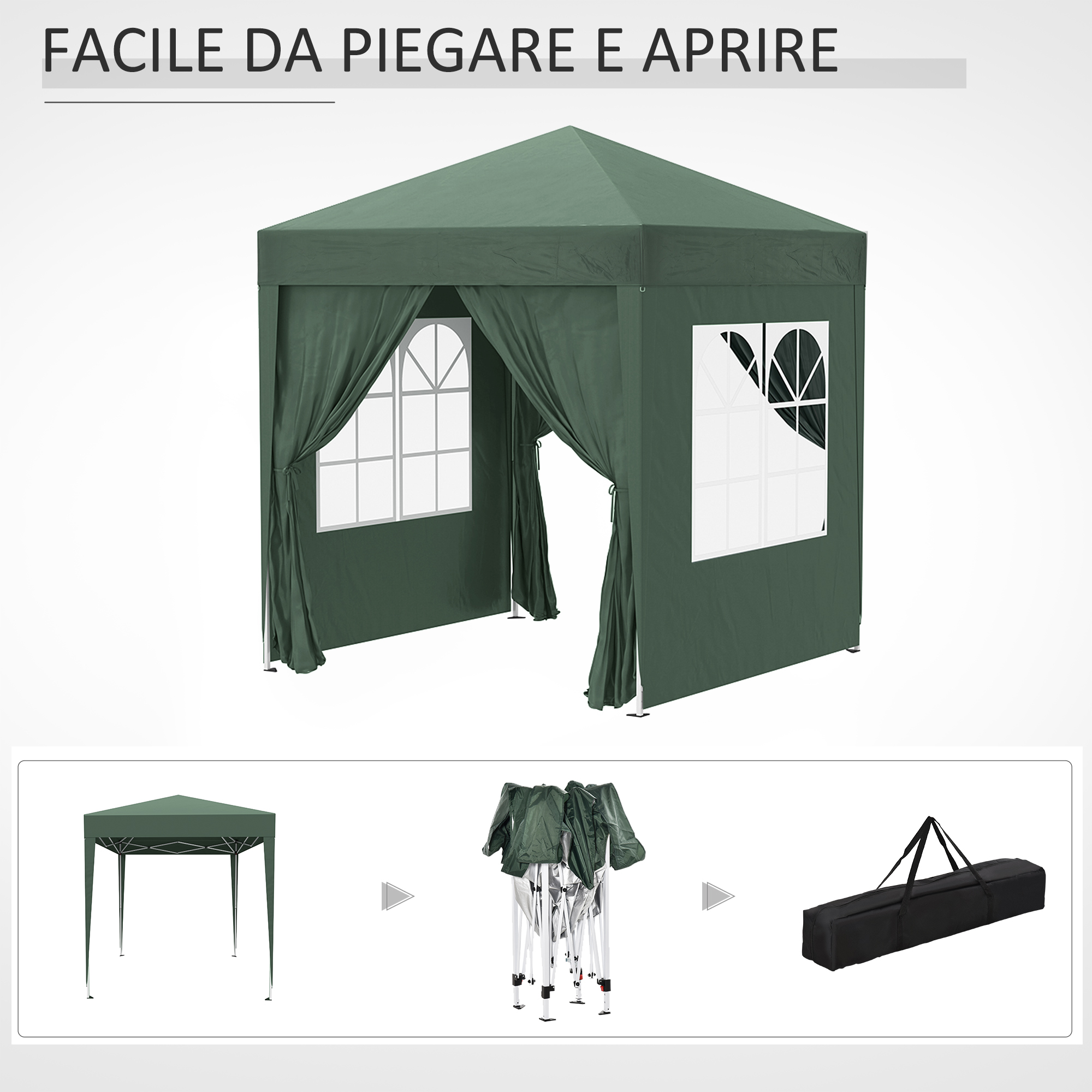 Un gazebo verde scuro con finestre e tende tirate. Facile da piegare e aprire.