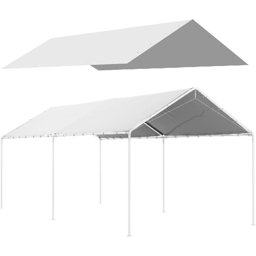 Un tetto di tenda bianco sopra una struttura metallica bianca con quattro supporti.