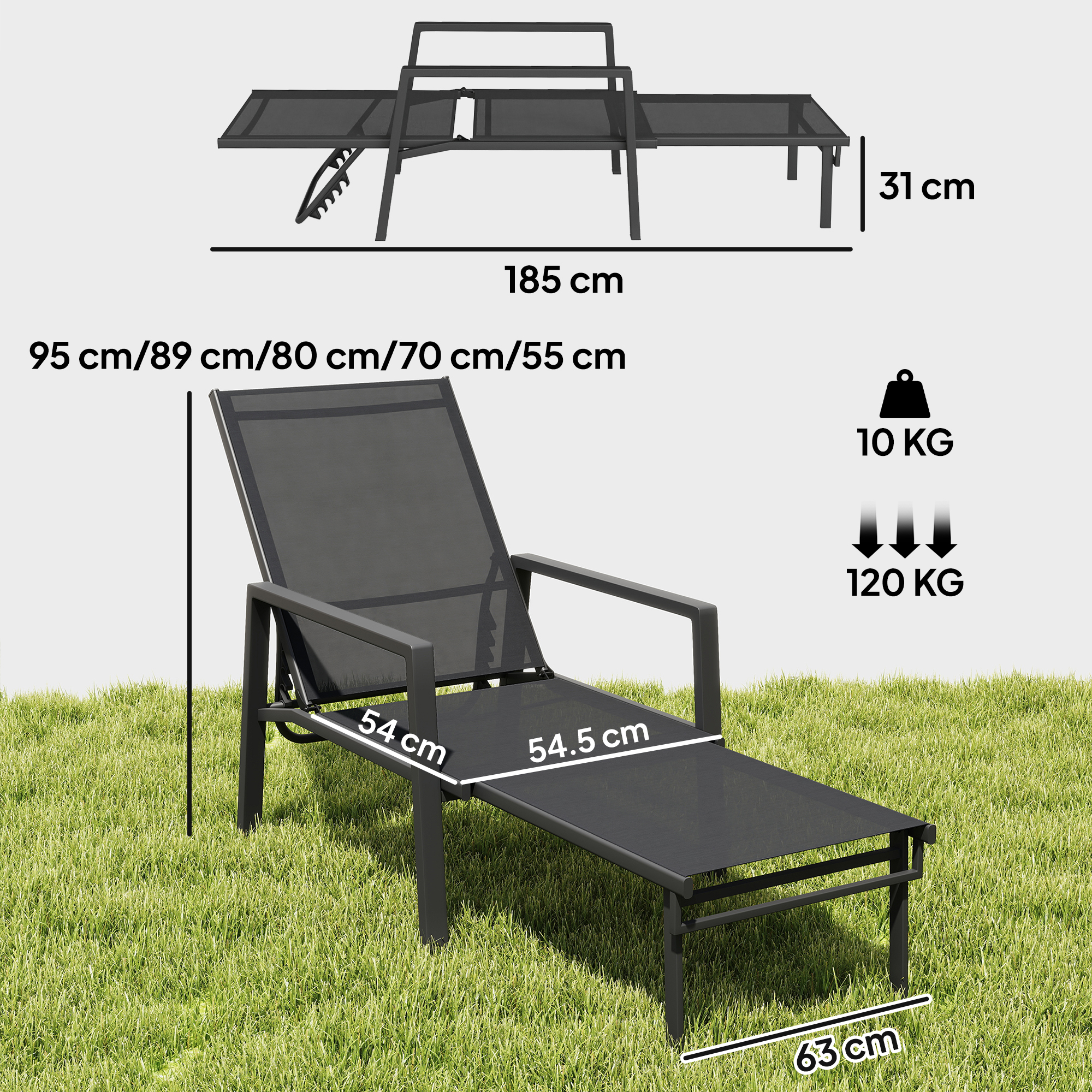 Lettino da sole grigio con dimensioni: 185cm L, 31cm H, 95-55cm regolabile. 10kg peso, 120kg carico.