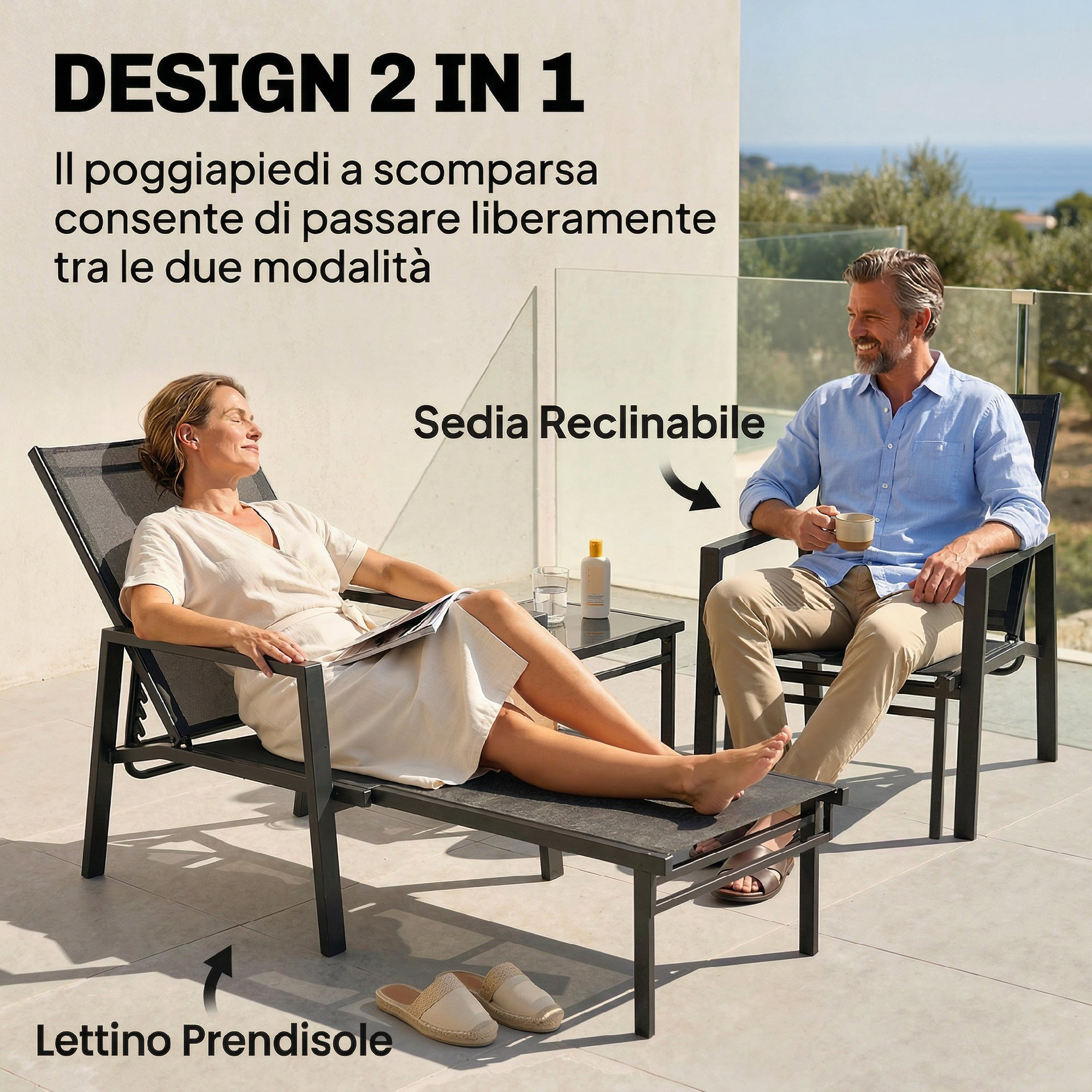 Un uomo e una donna si rilassano su mobili da giardino con vista sul mare.