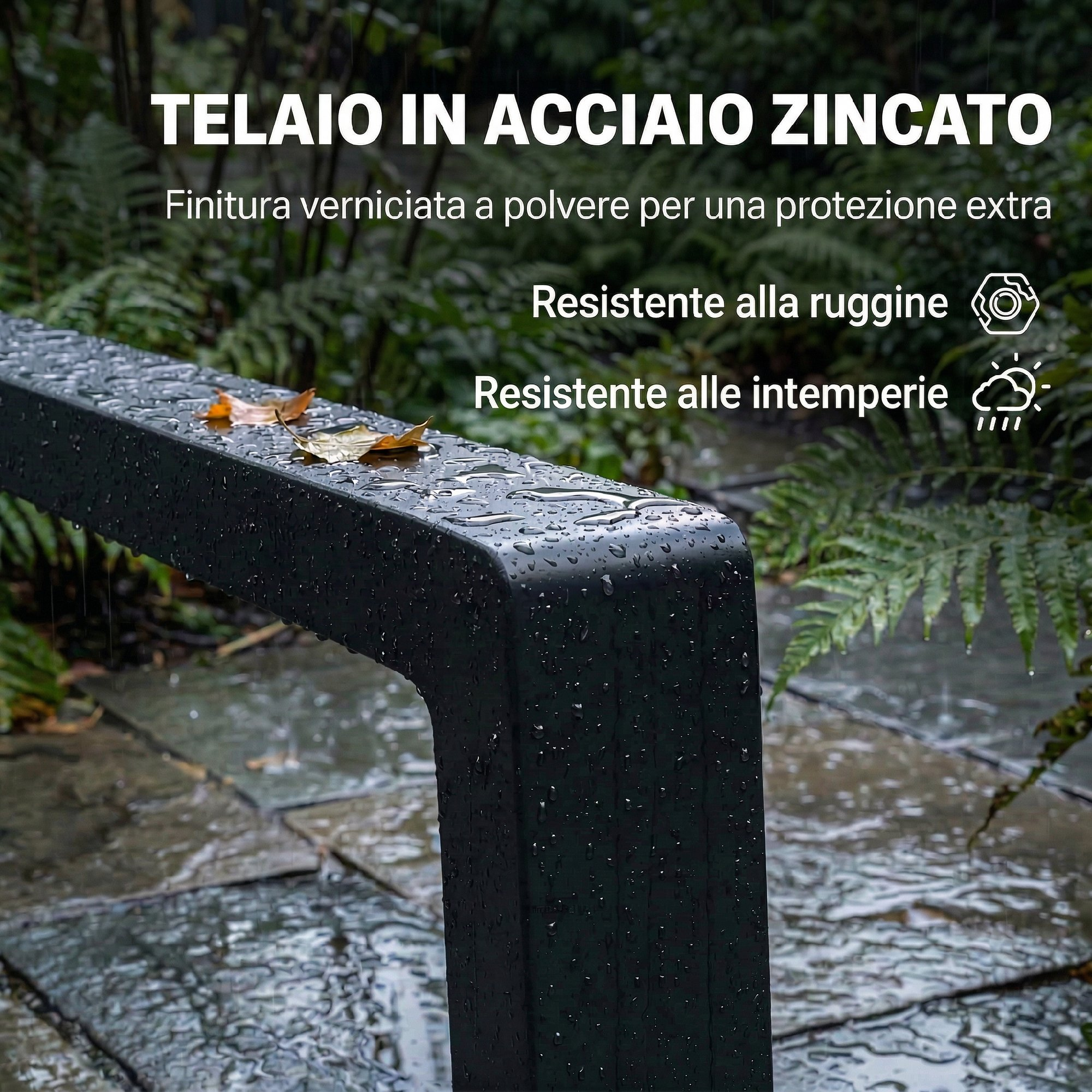 Un telaio in metallo nero con gocce di pioggia, circondato da verde.