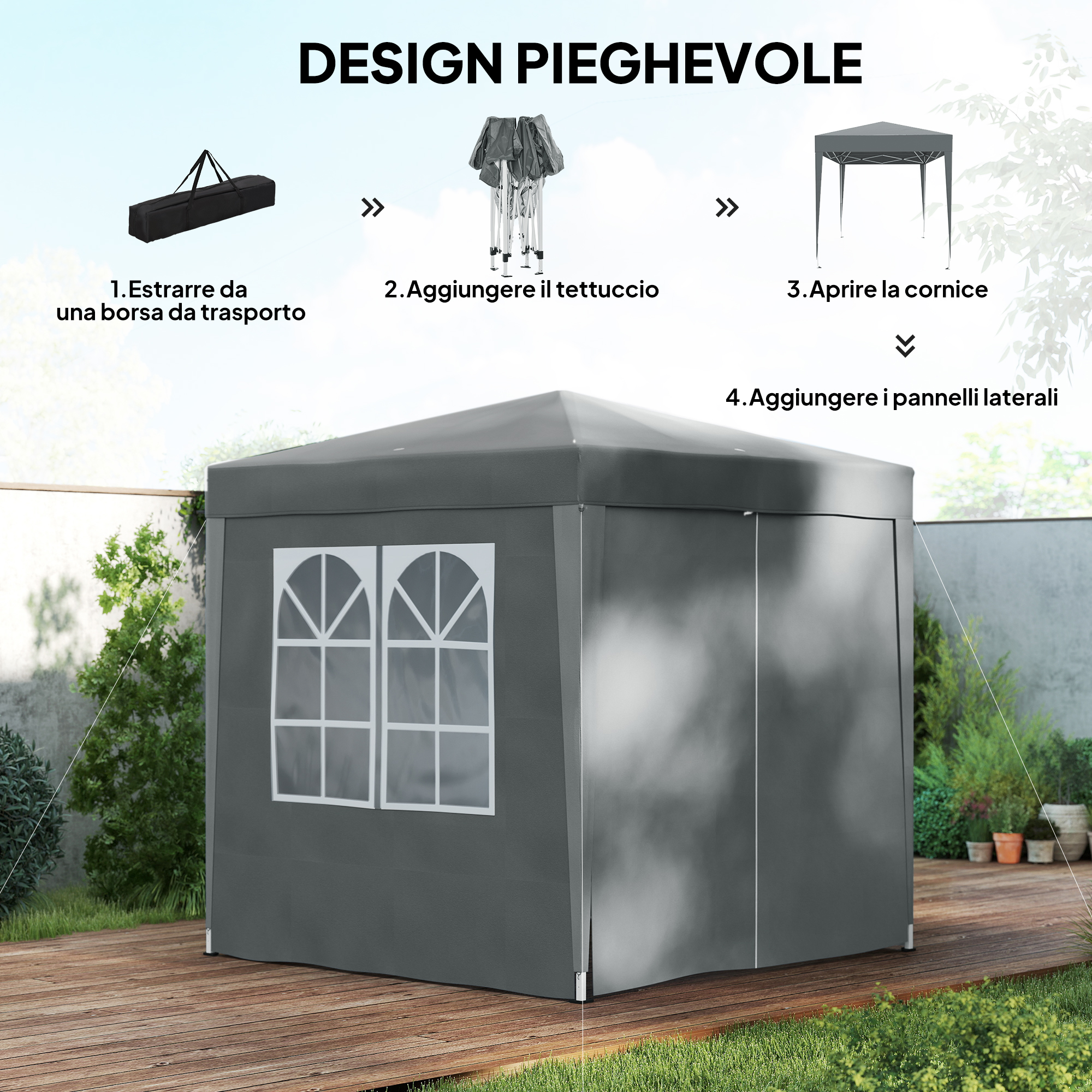 Gazebo grigio con finestre su pedana in legno, passaggi di montaggio sopra.