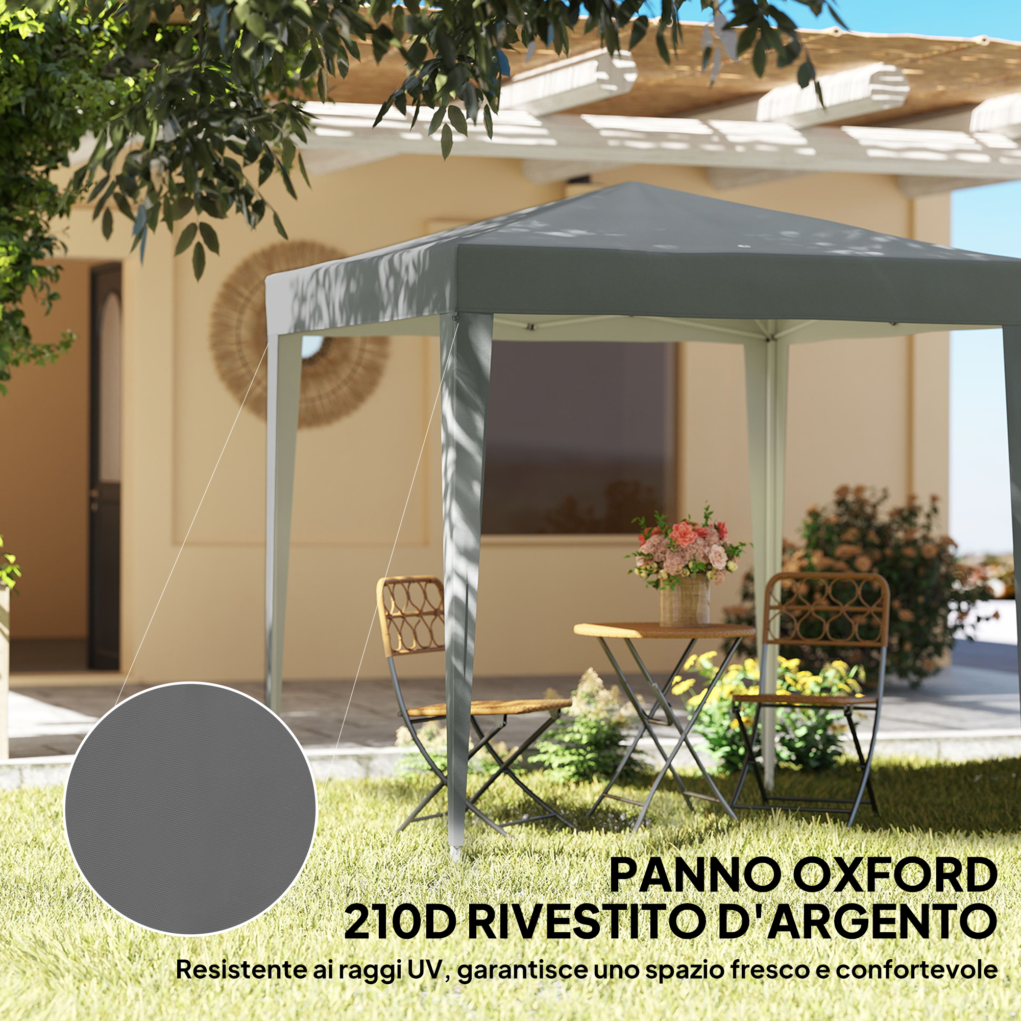 Un gazebo grigio con tavolo e sedie in giardino, primo piano del tessuto.