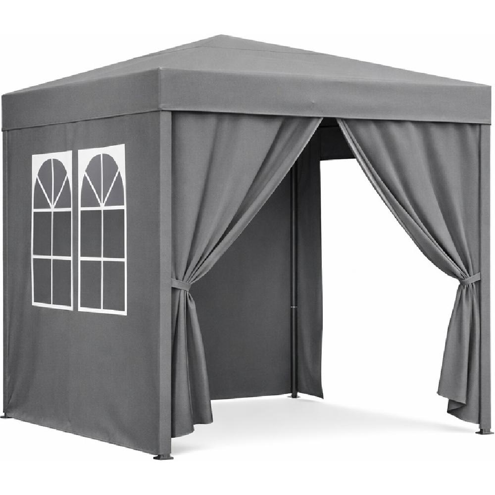 Un gazebo grigio con due finestre ad arco e tende laterali aperte.