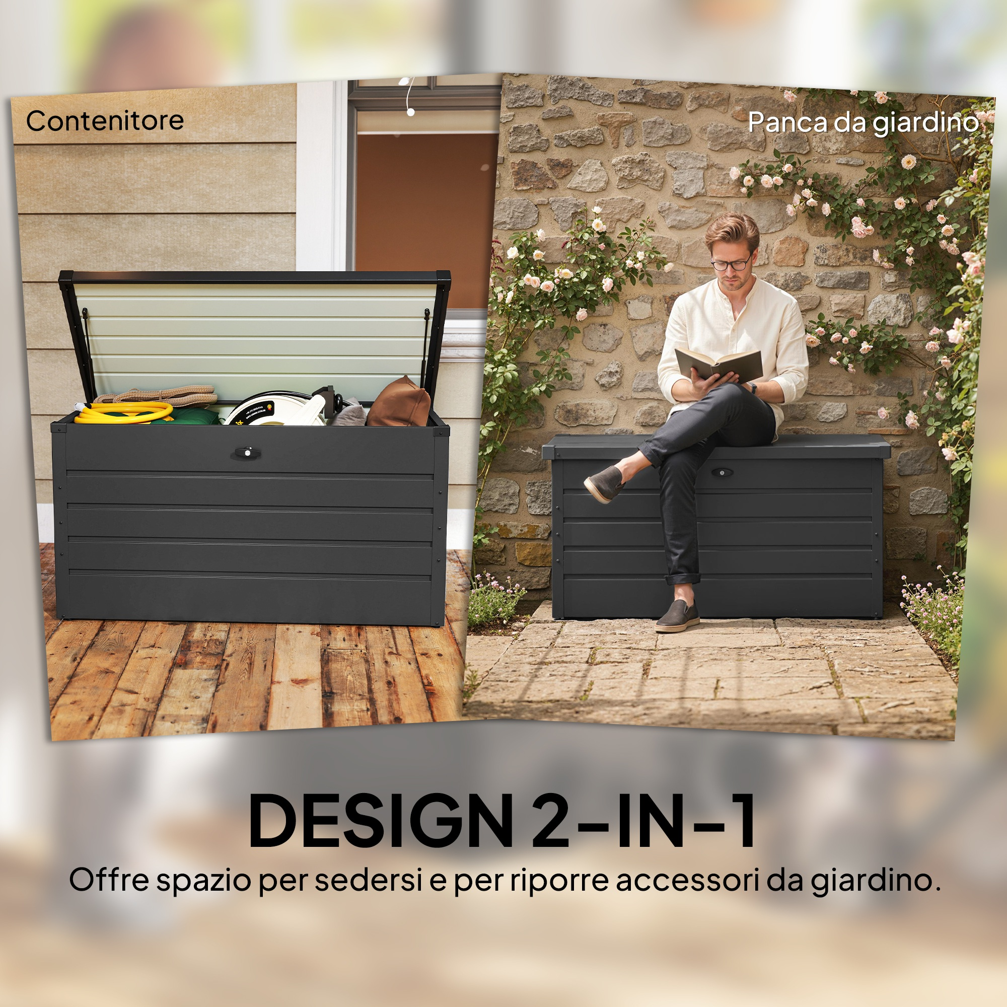 Contenitore da giardino scuro con coperchio aperto e uomo seduto.