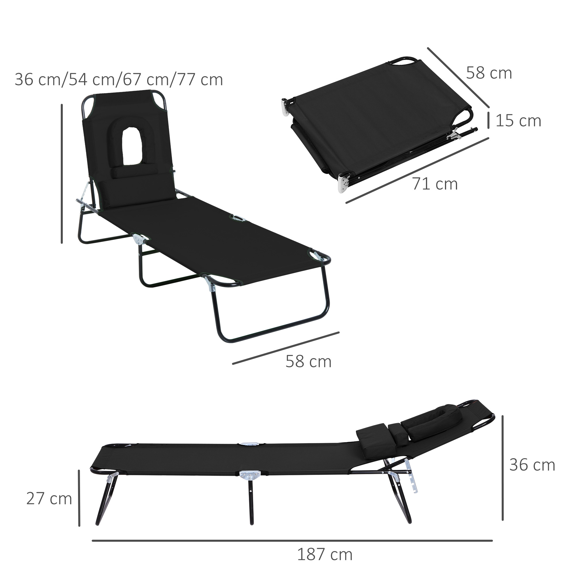 Chaise longue nera con schienale regolabile e cuscino. Dimensioni indicate.