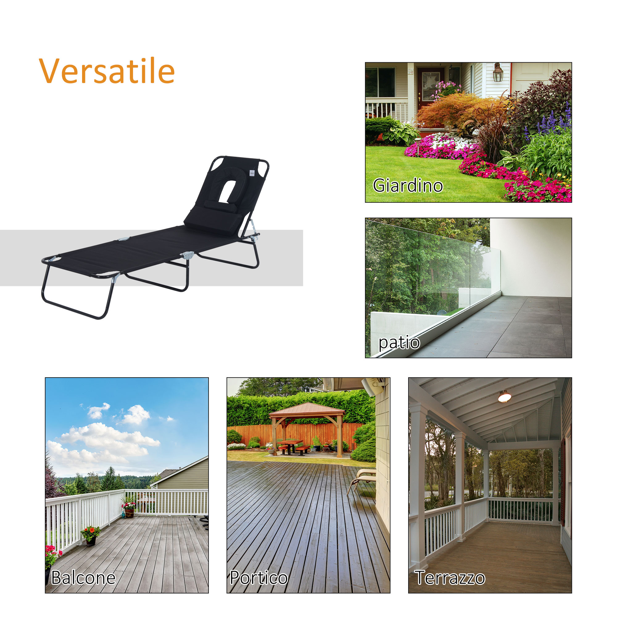 Un lettino nero accanto a immagini di giardino, patio, balcone, portico e veranda.