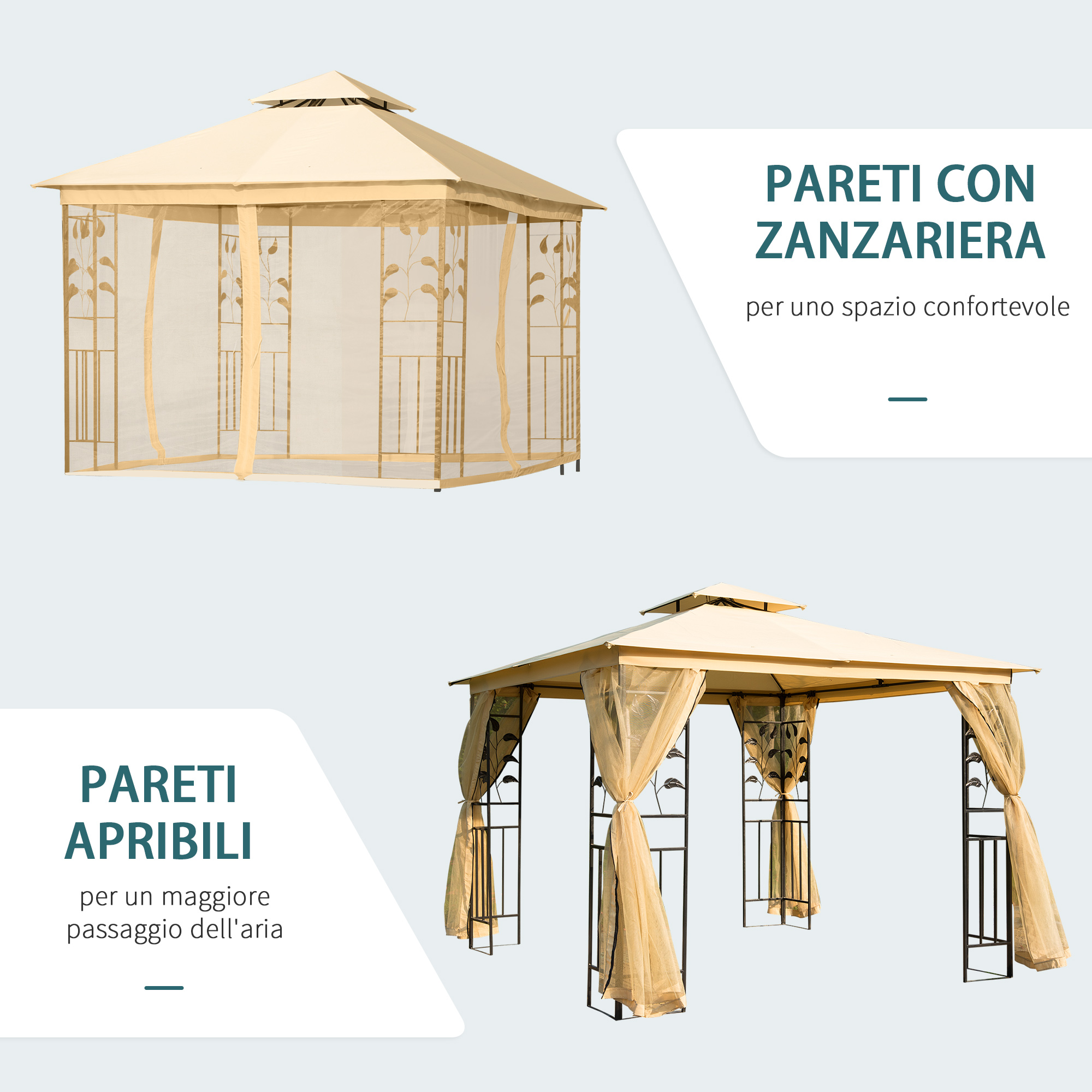 Un gazebo beige con zanzariera e motivi decorativi a foglia.