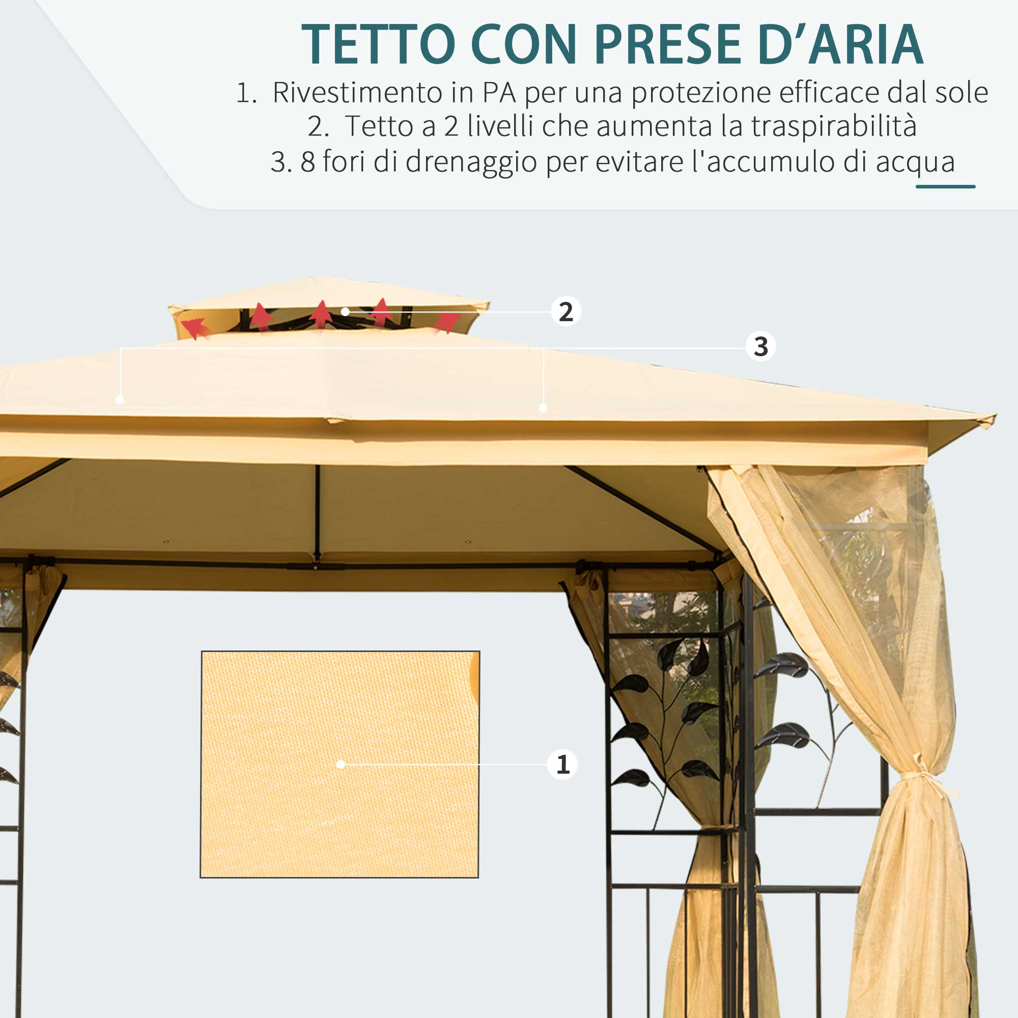 Gazebo beige a due livelli con ventilazione e fori di drenaggio.