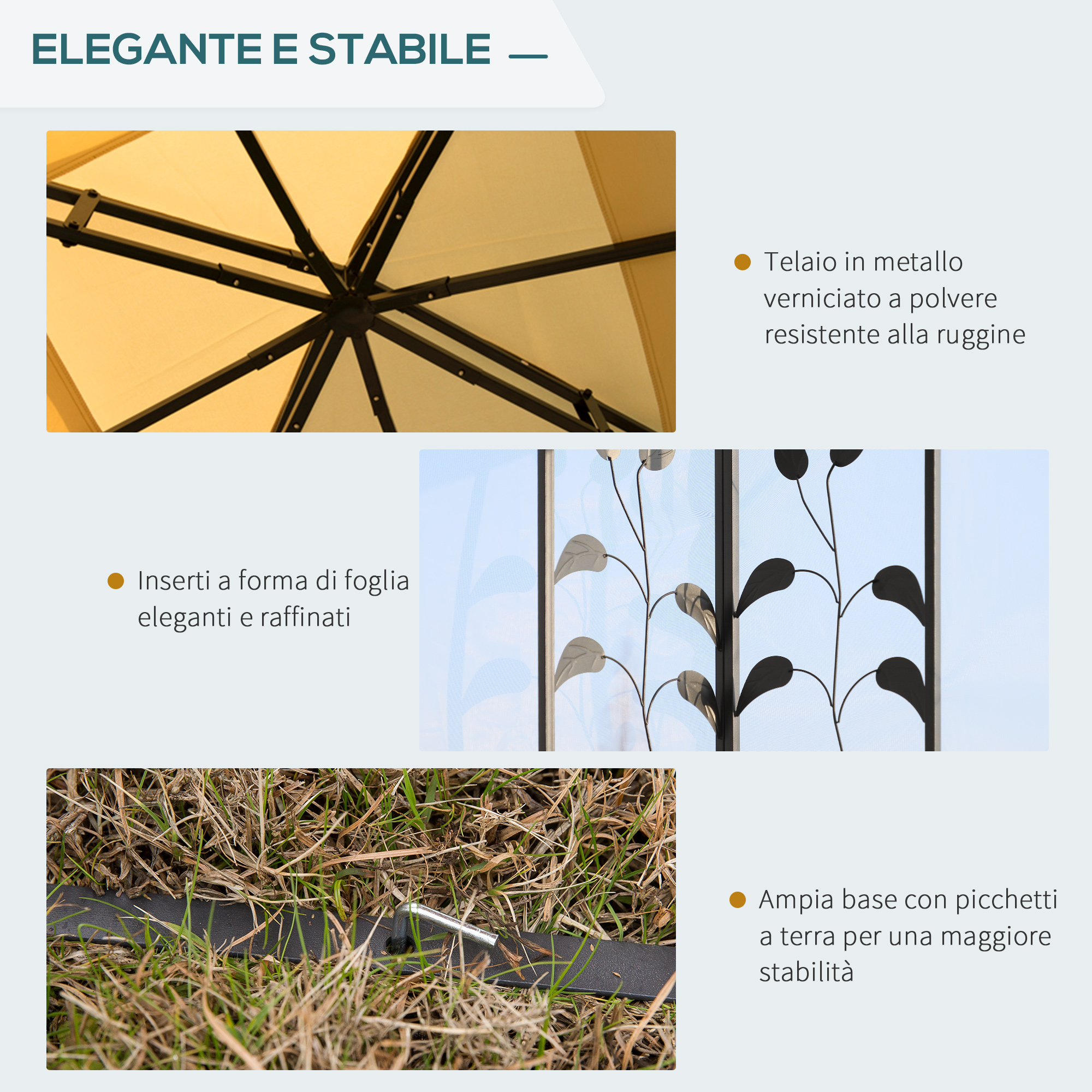Telaio in metallo verniciato a polvere con inserti foglia e picchetti.