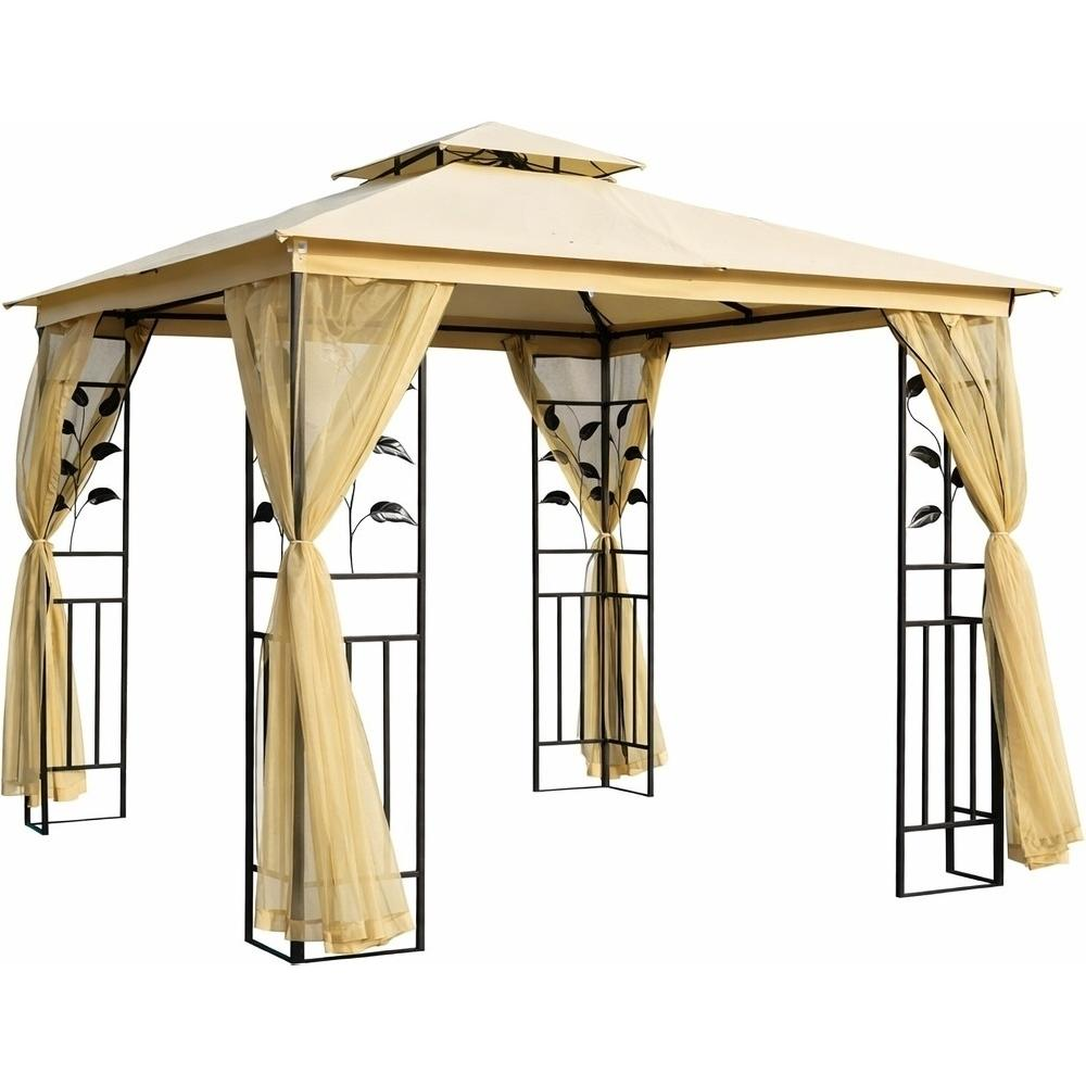 Gazebo beige con pali neri, accenti foglia e tende trasparenti.