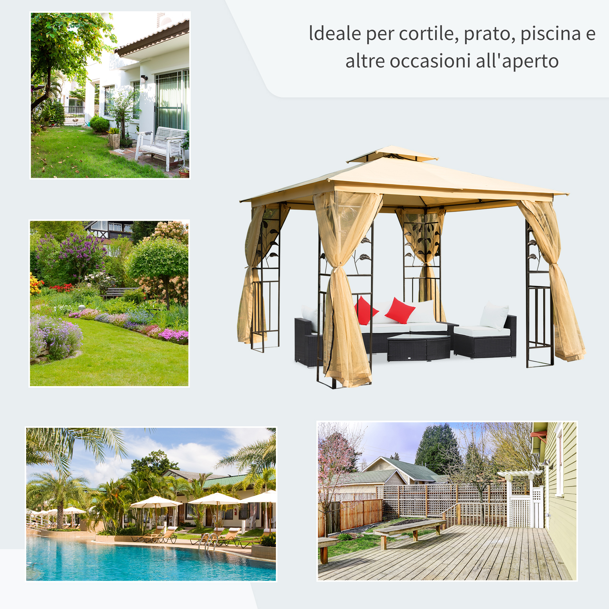Un giardino con casa, un gazebo con mobili, una piscina e un terrazzo.