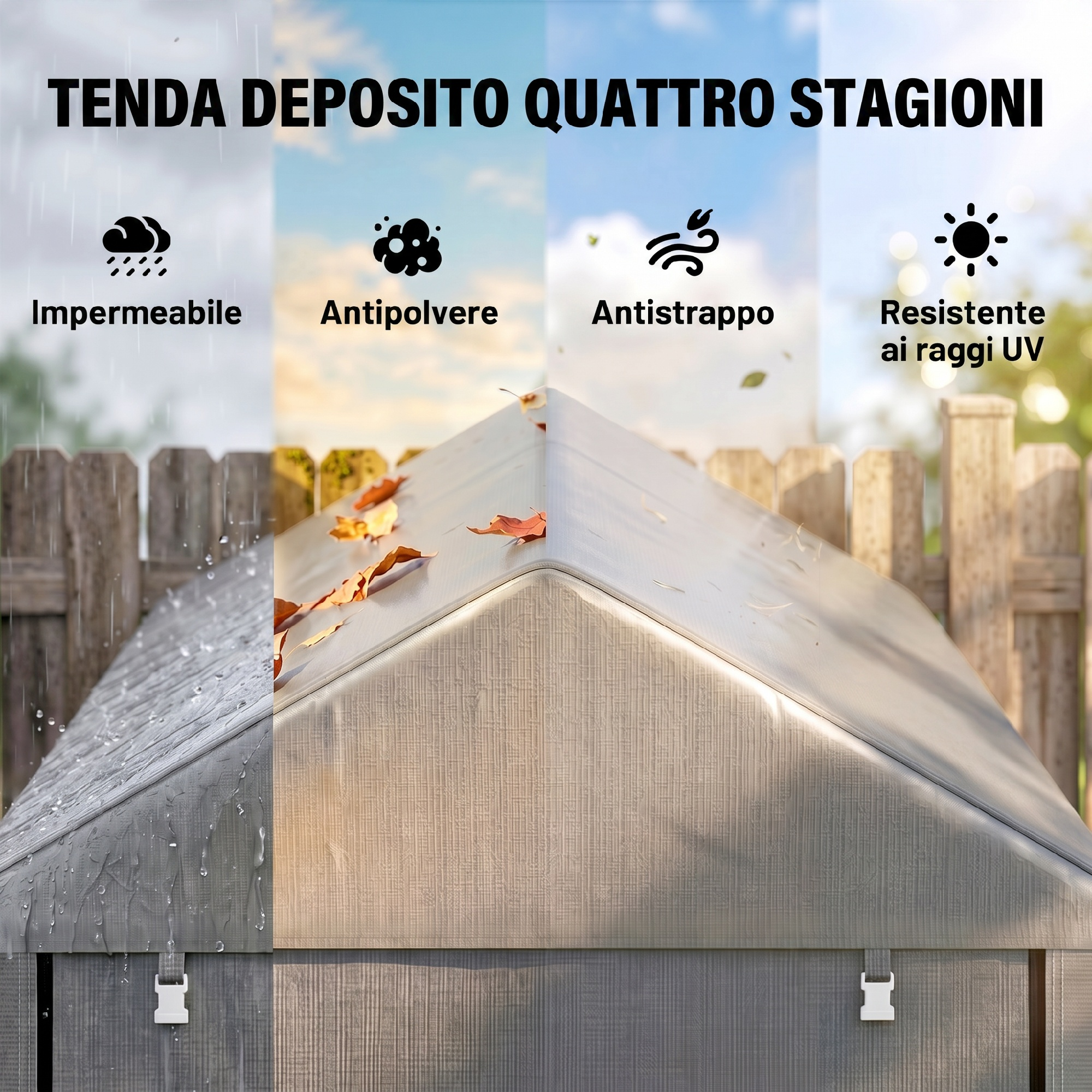 Una tenda da deposito con quattro icone: pioggia, polvere, vento e sole.