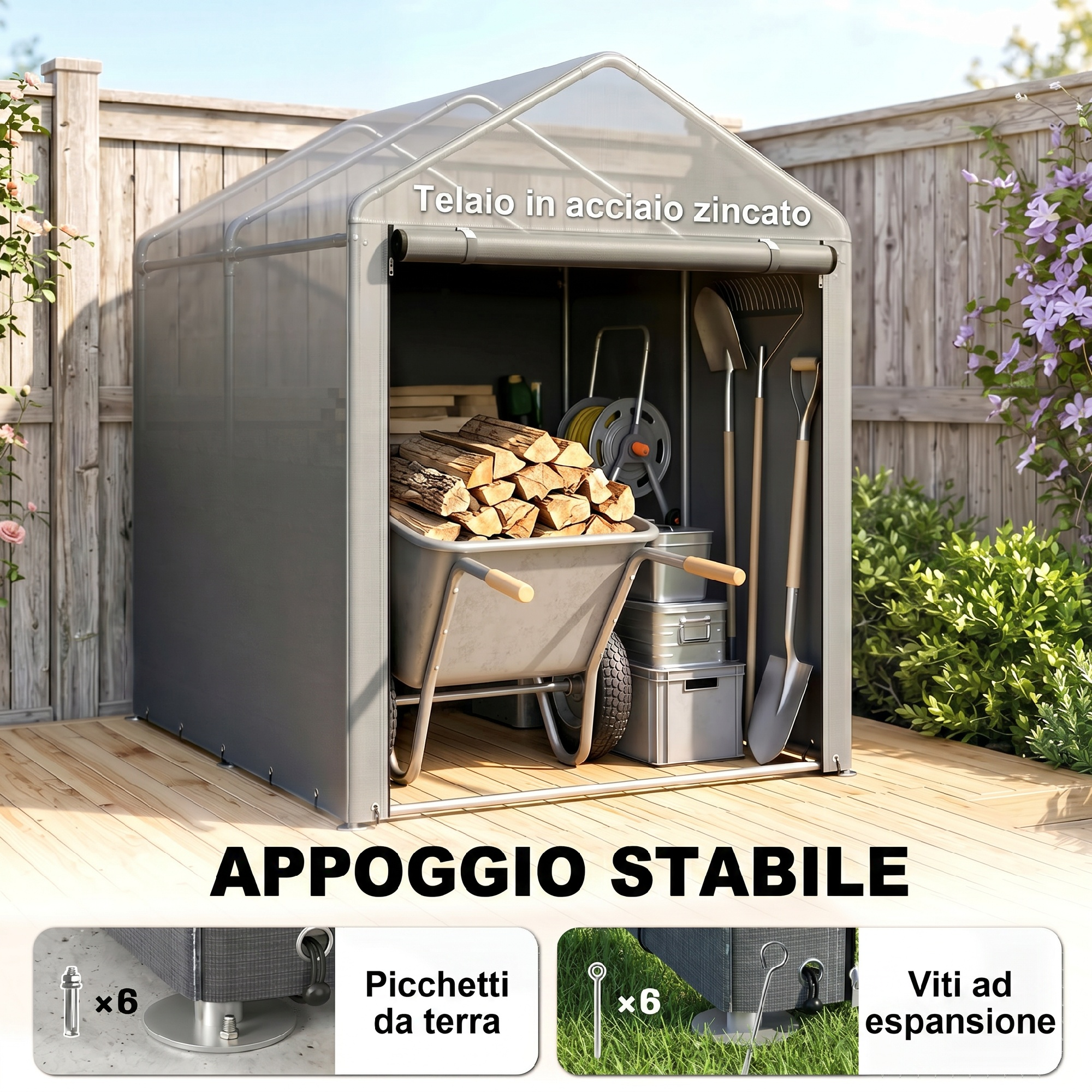Un capanno da giardino con legna e attrezzi, telaio in zinco e opzioni di ancoraggio.